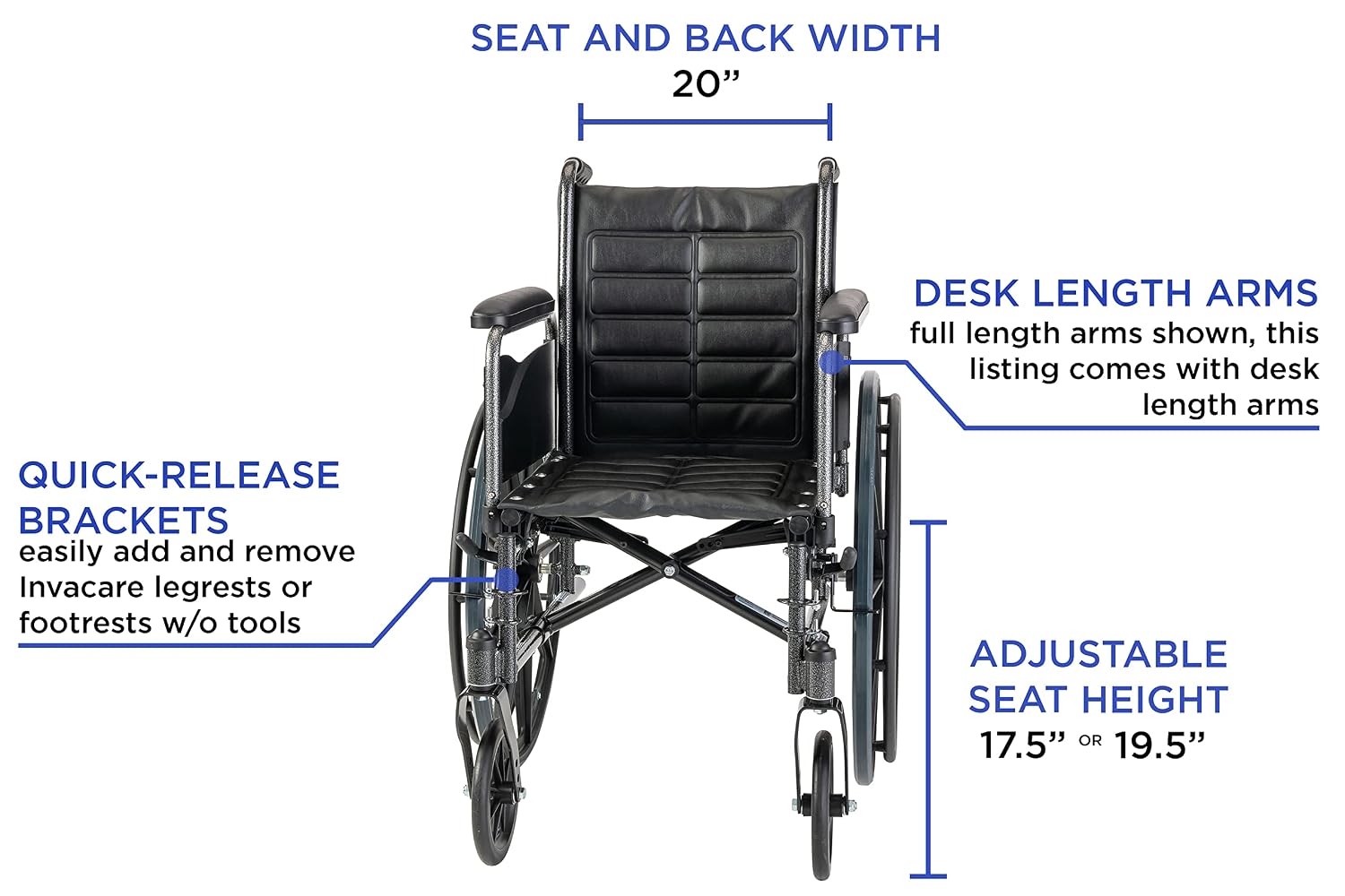 Invacare TREX20RP Series Tracer EX2 Standard Folding Wheelchair for Adults with 20" Seat Width and Desk Arms