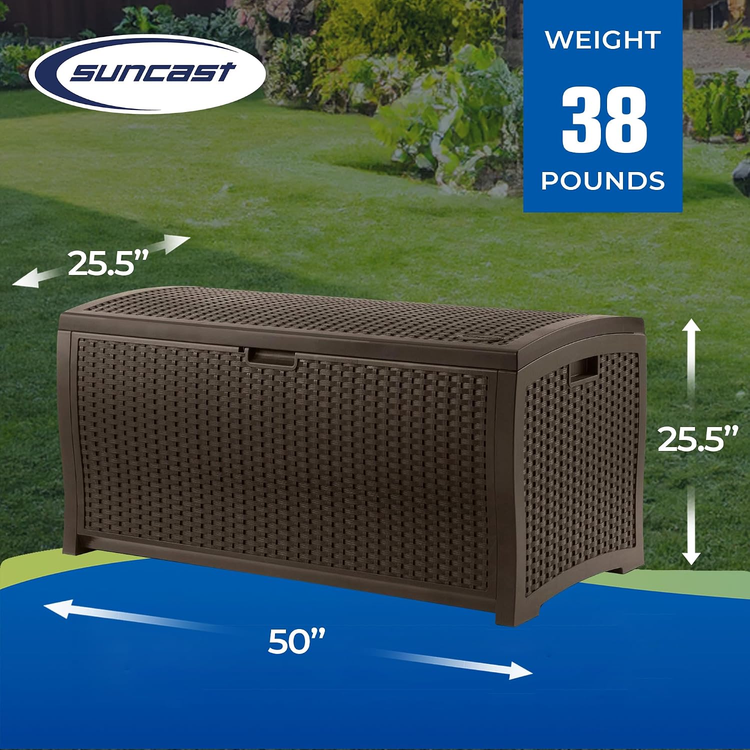 Suncast 99 Gal Wicker Resin Deck Box, Storage Chest Bin with Handles, Java