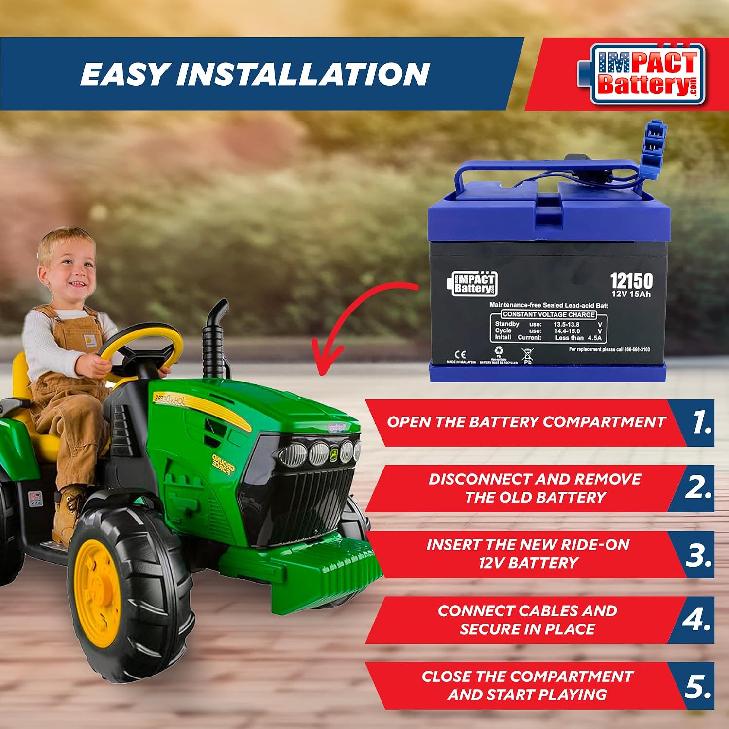 Impact 12V 15 Amp Battery Upgrade for Peg Perego John Deere Tractor Ride-on-Toys | Gator and Gauncho | Replace 12-Volt 12 Ah for Kids Tractor