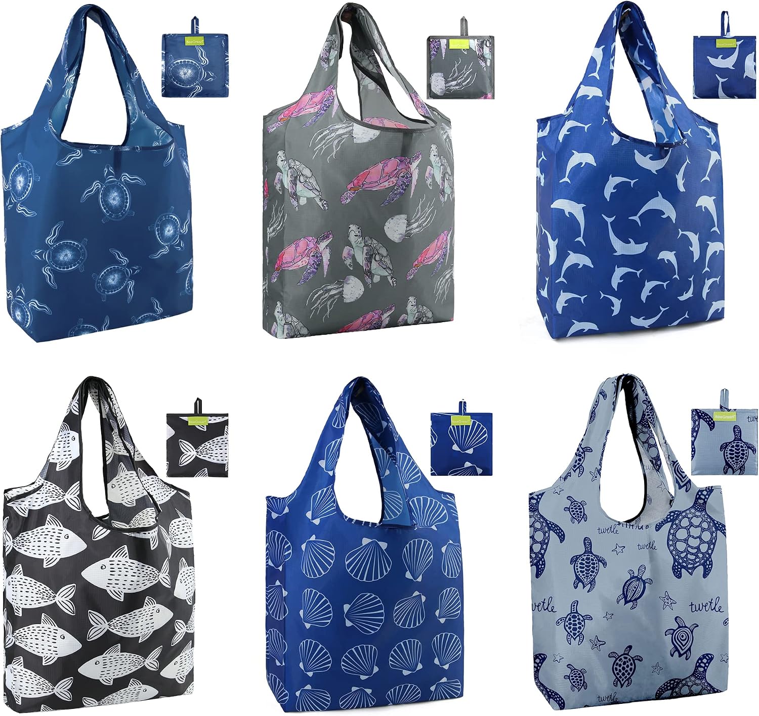 BeeGreen Grocery Bags | Reusable Gift Bags, Large Tote for Women & Foldable Beach Bag - 6 Pack Reusable Bag With Handles | Collapsible Cute Cloth Storage for Market, Holiday & Shopping | Washable​