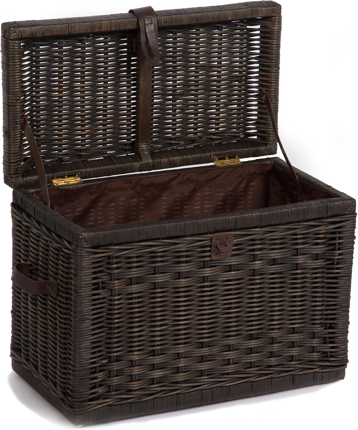 The Basket Lady Wicker Storage Trunk, M, Walnut Brown - fully assembled | Outside: 24" L x 13" W x 18" H | Inside: 22"L x 11"W x 15"H - Fabric lined. Handcrafted by artisans from natural rattan