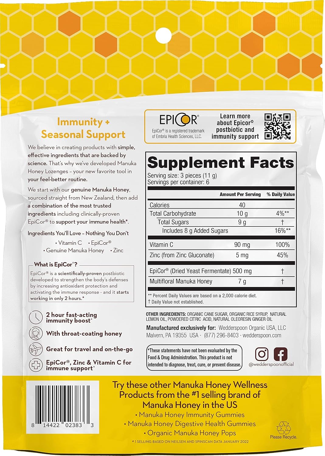 Wedderspoon Organic Manuka Honey Drops, Honey & Echinacea, 20 Count | USDA Organic | Genuine New Zealand Honey, Natural Remedy for Dry Throat | USDA Organic, Genuine New Zealand Honey, Natural Remedy for Dry Throat