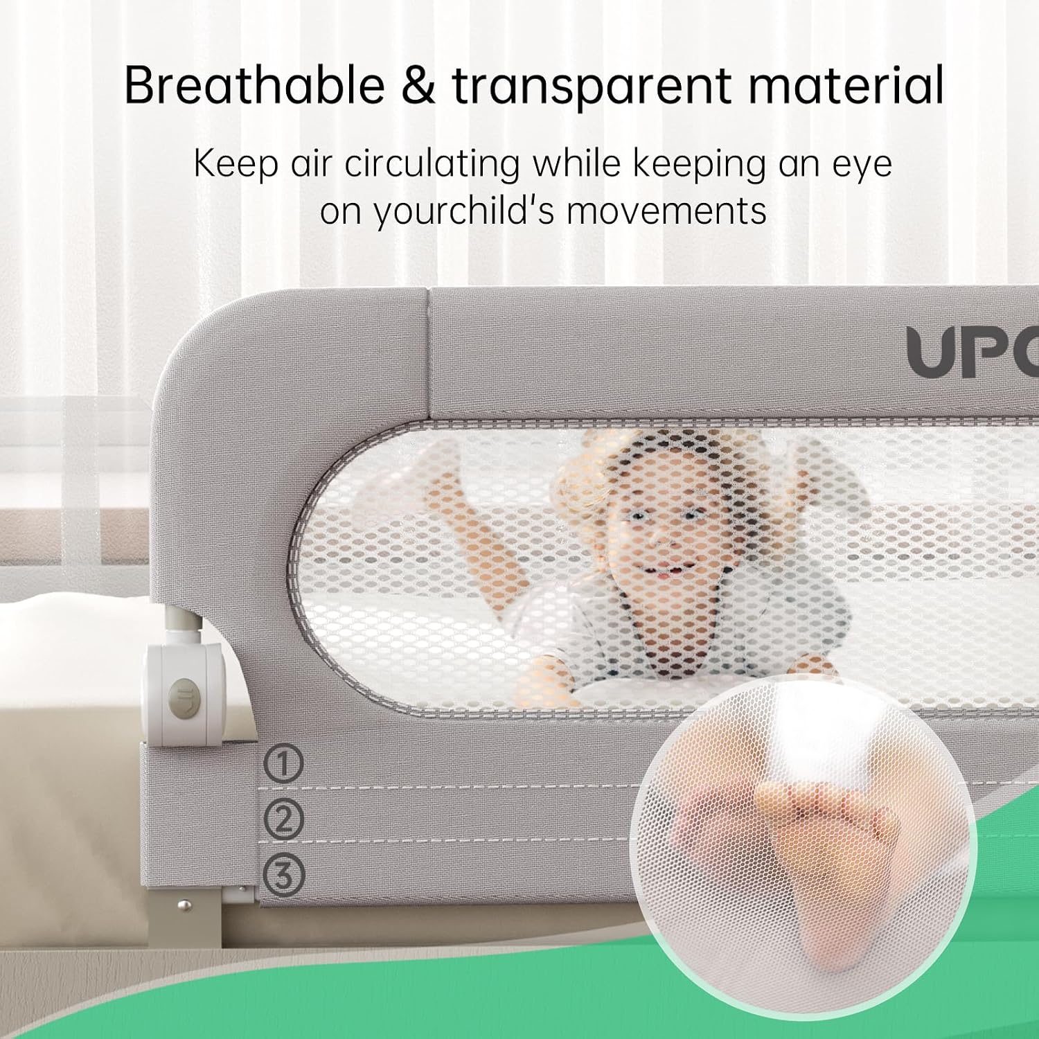 UPGOGO Folding Bed Rail for Toddlers, White, 71" L x 23.6" H | U-shaped base，Reinforced Anchors, Built-in Sponge , Secure lock