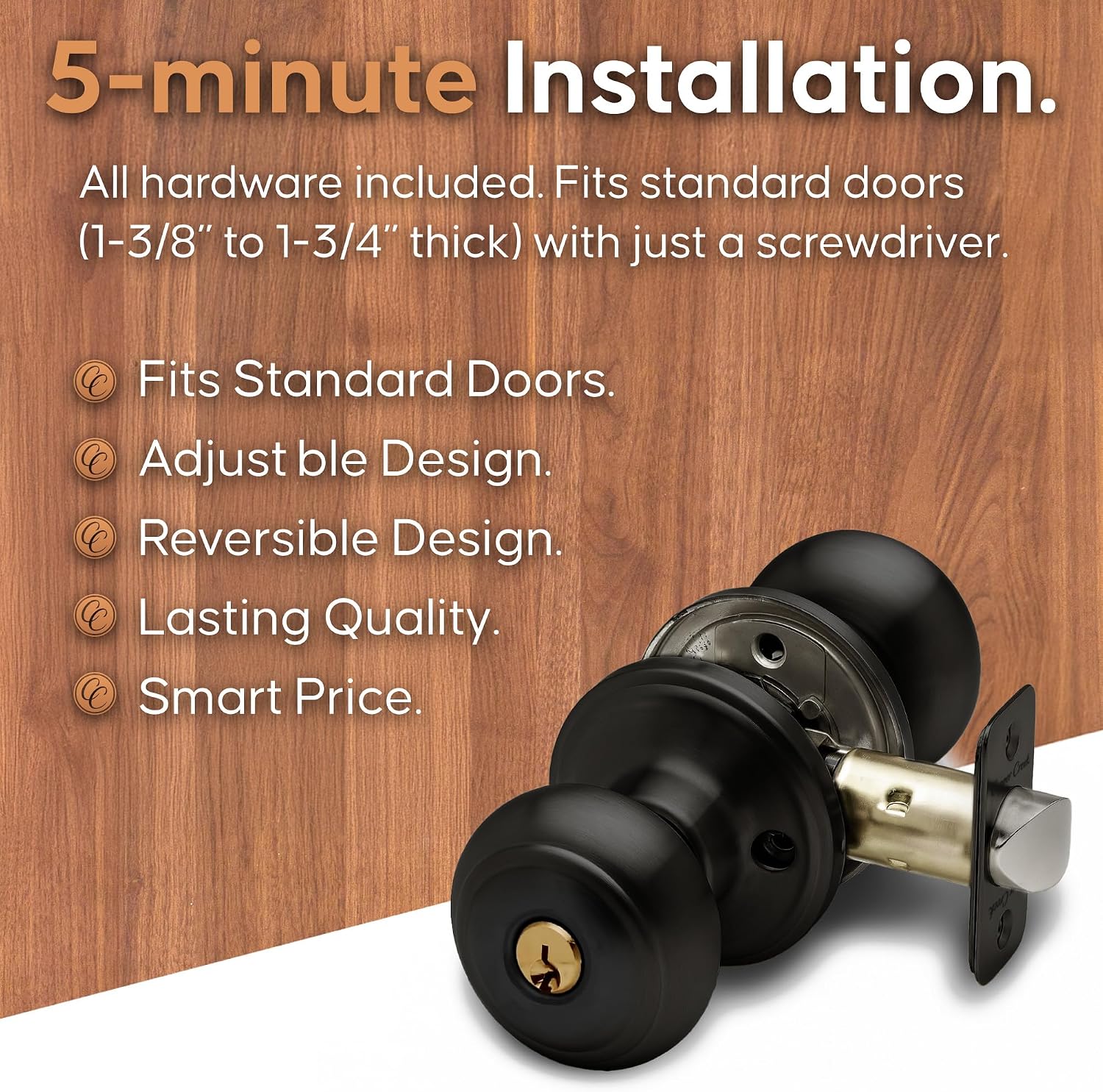Copper Creek Colonial Privacy Interior Door Knob – ANSI Grade-3 Certified, Modern Heavy Duty Handle, Easy Install and Reversible for Bedroom, Bathroom and Closets – Satin Stainless (1 Pack)