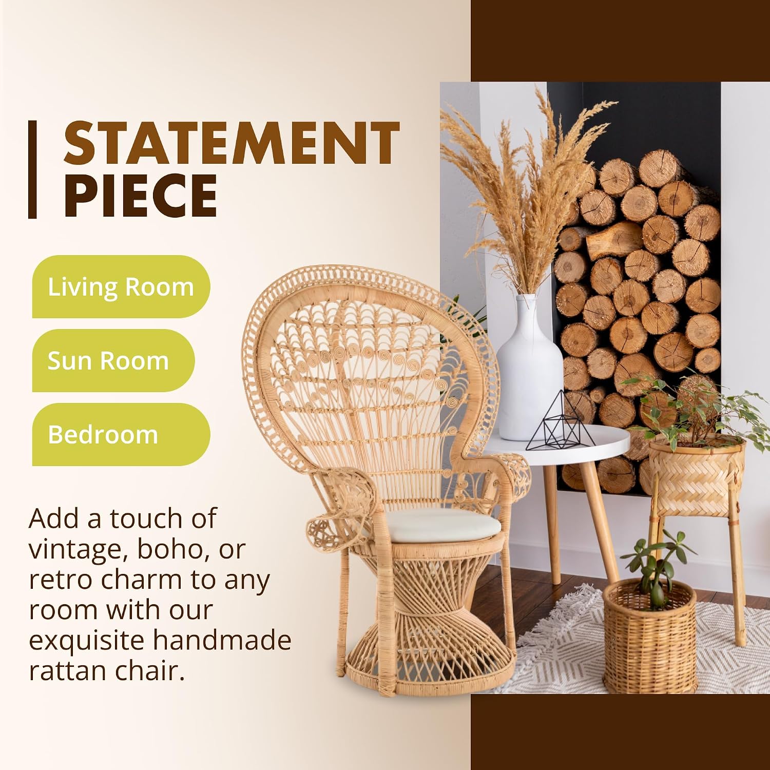 KOUBOO Grand Pecock Retro Peacock Chair in Rattan with Seat Cushion, Natural Color, Large