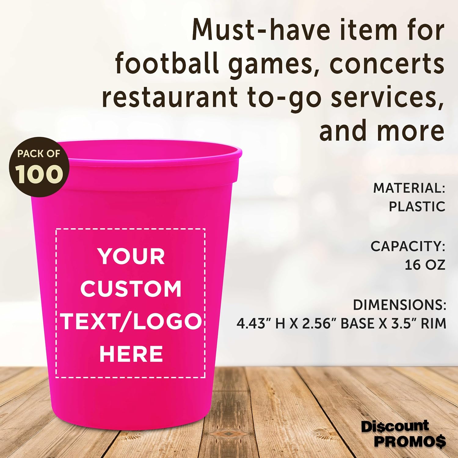 DISCOUNT PROMOS Custom Plastic Stadium Cups 16 oz. Set of 10/50/100, Personalized Bulk Pack - Perfect for Birthdays, Weddings, Picnic, Beach