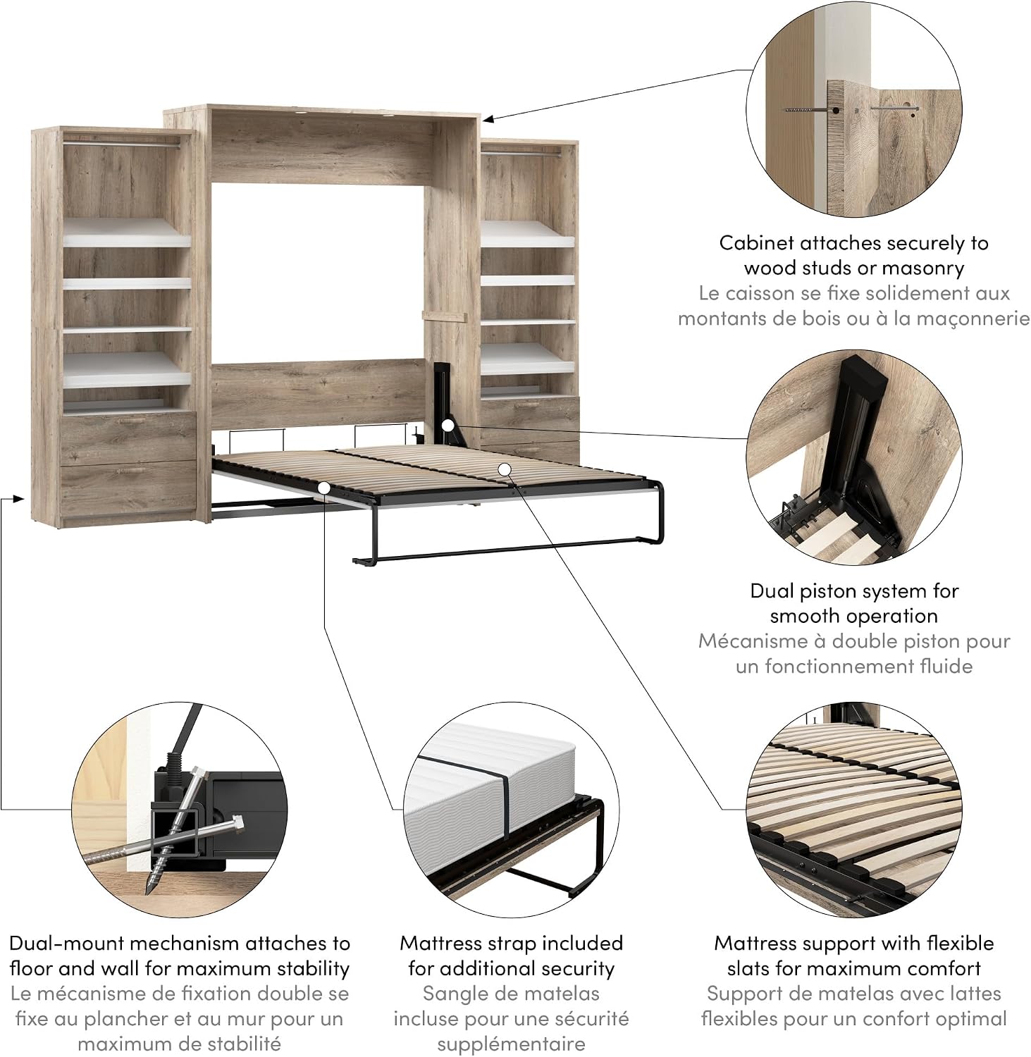 Bestar Cielo Queen Murphy Bed with 2 Closet Organizers with Drawers (125W) in Rustic Brown and White, Sleeping Arrangement for Multipurpose Room