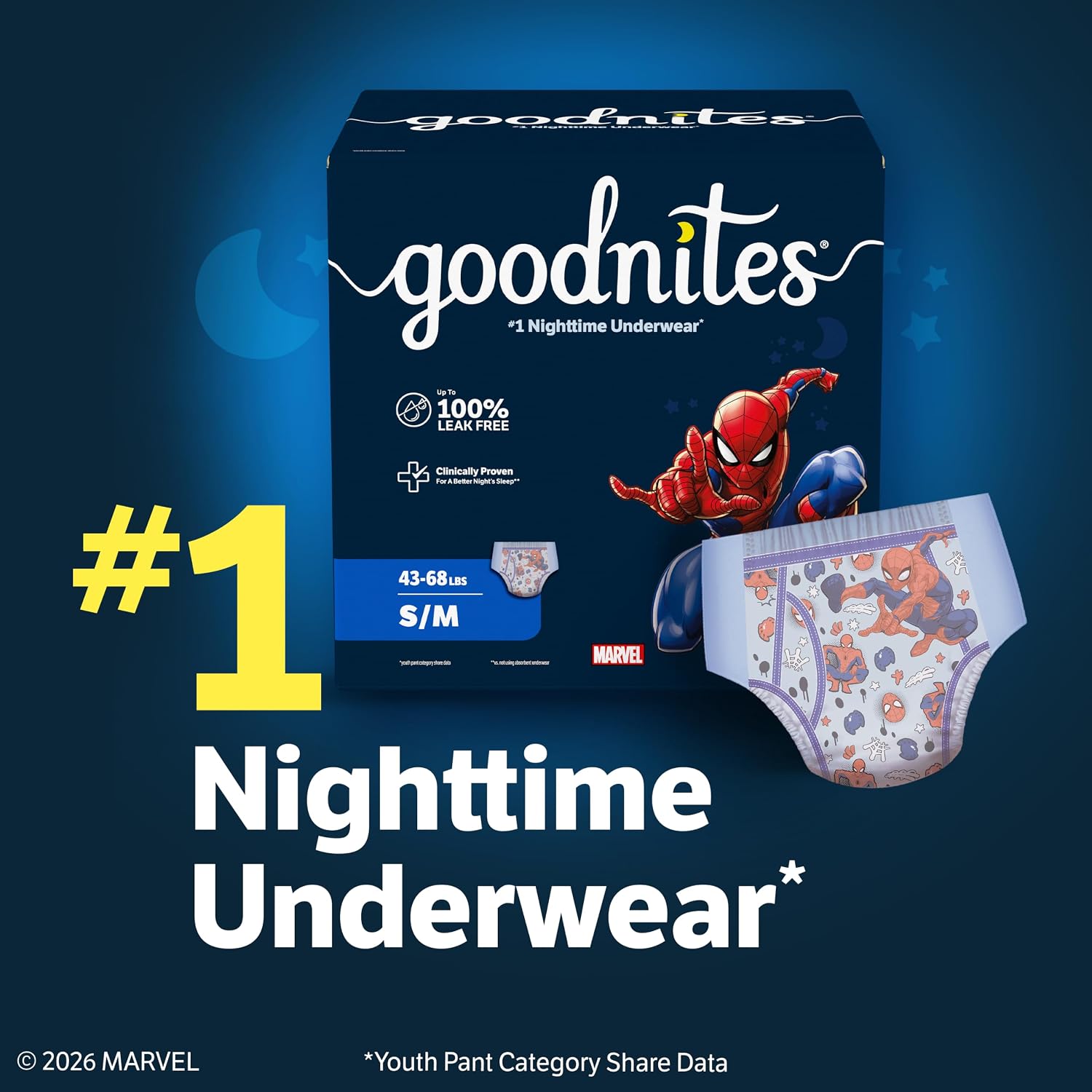 Goodnites Boys' Nighttime Bedwetting Underwear, Size S/M (43-68 lbs), 44 Ct (2 Packs of 22), Packaging May Vary