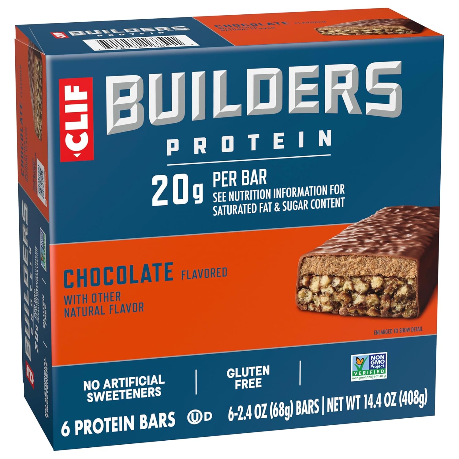 CLIF BUILDERS Protein Bars - Chocolate Flavor - 20g Plant Based Protein - Gluten Free - Non-GMO - Low Glycemic - No Artificial Sweeteners - 2.4 oz.