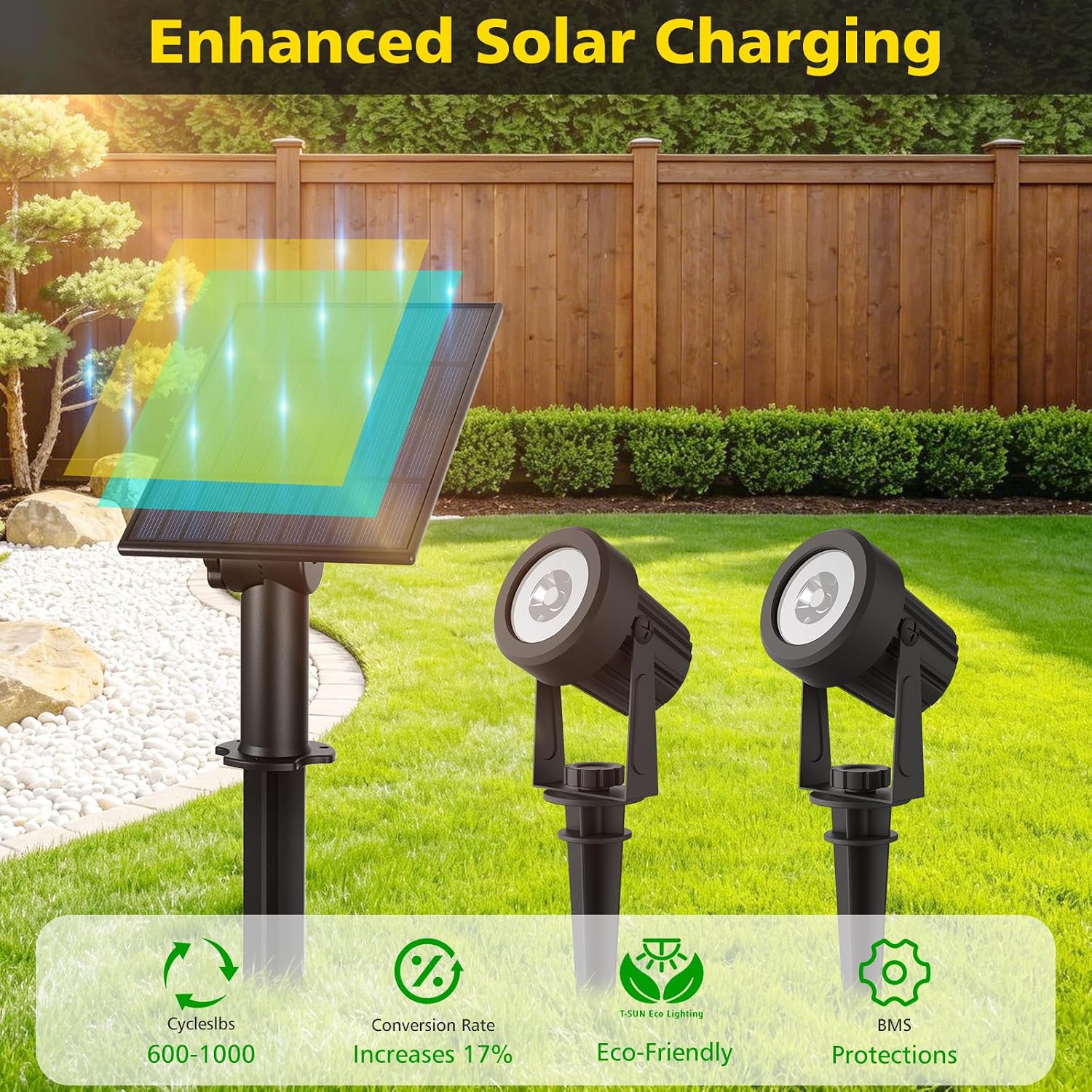 T-SUN Solar Spot Lights Outdoor, Dual Head Solar Spotlights, Cool White | IP65 Waterproof, 2 Brightness Modes, Dusk to Dawn Solar Uplights for Garden, Yard, Pathway, Patio, Lawn