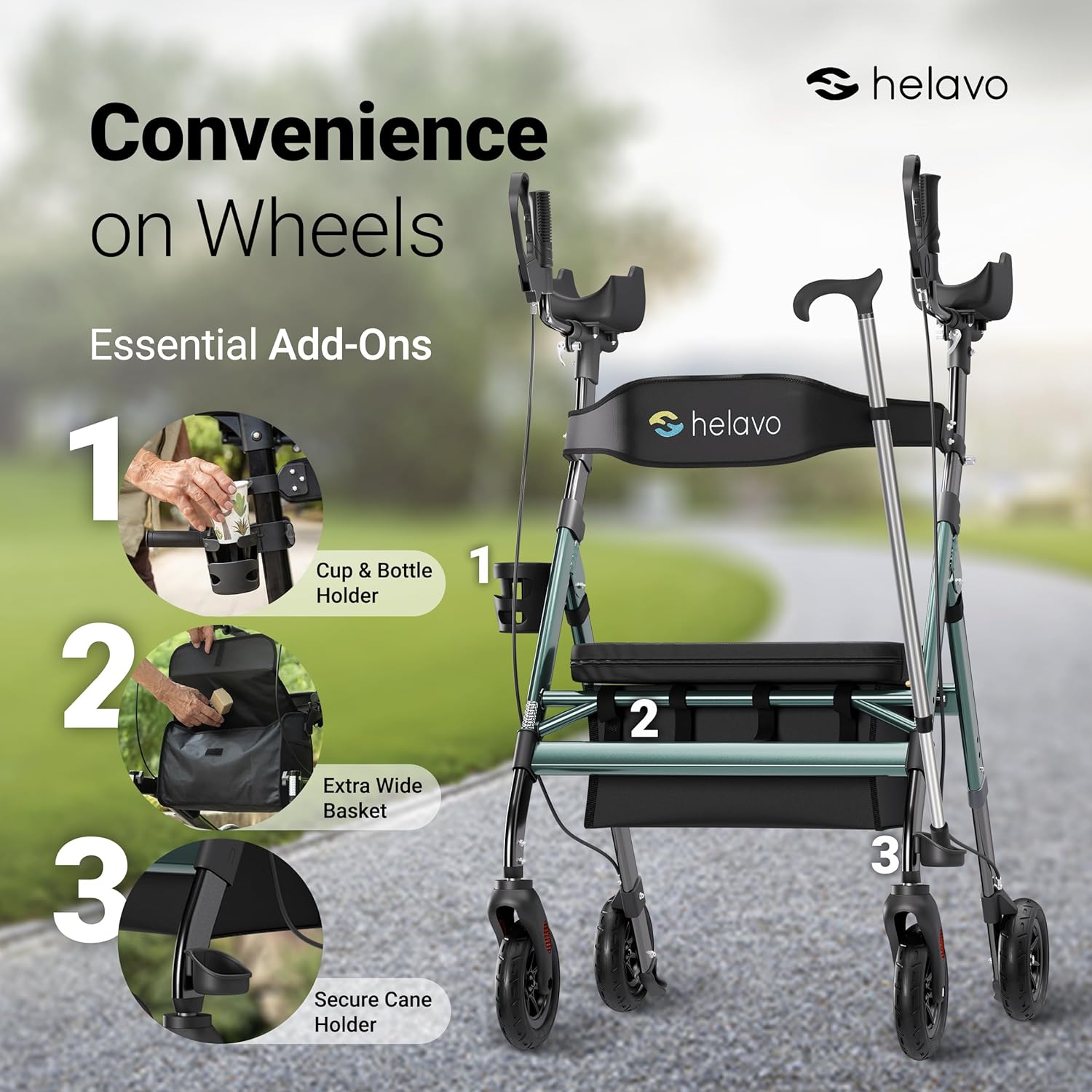 Helavo 28.3" Extra Wide Bariatric Upright Walker, 500 lbs Capacity | All Terrain Tall Standing Rollator, Padded Armrests, Height Adjustable