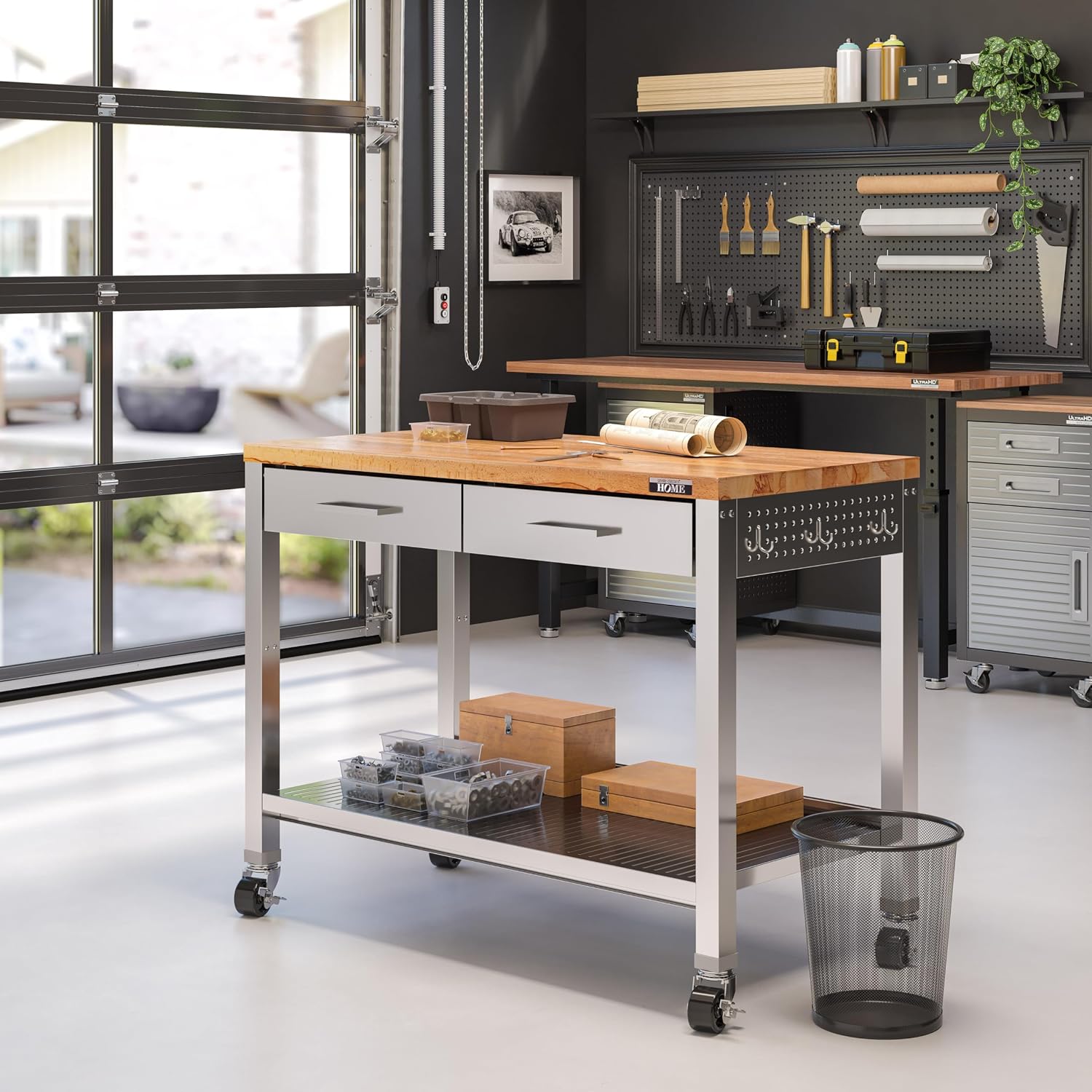 Stainless-Steel Commercial-Grade NSF-Certified Prep Table Cart, 24"W x 20"D | Heavy-duty durable utility workstation supports up to 450 lb w/ adjustable wire shelf and sliding basket on locking wheels