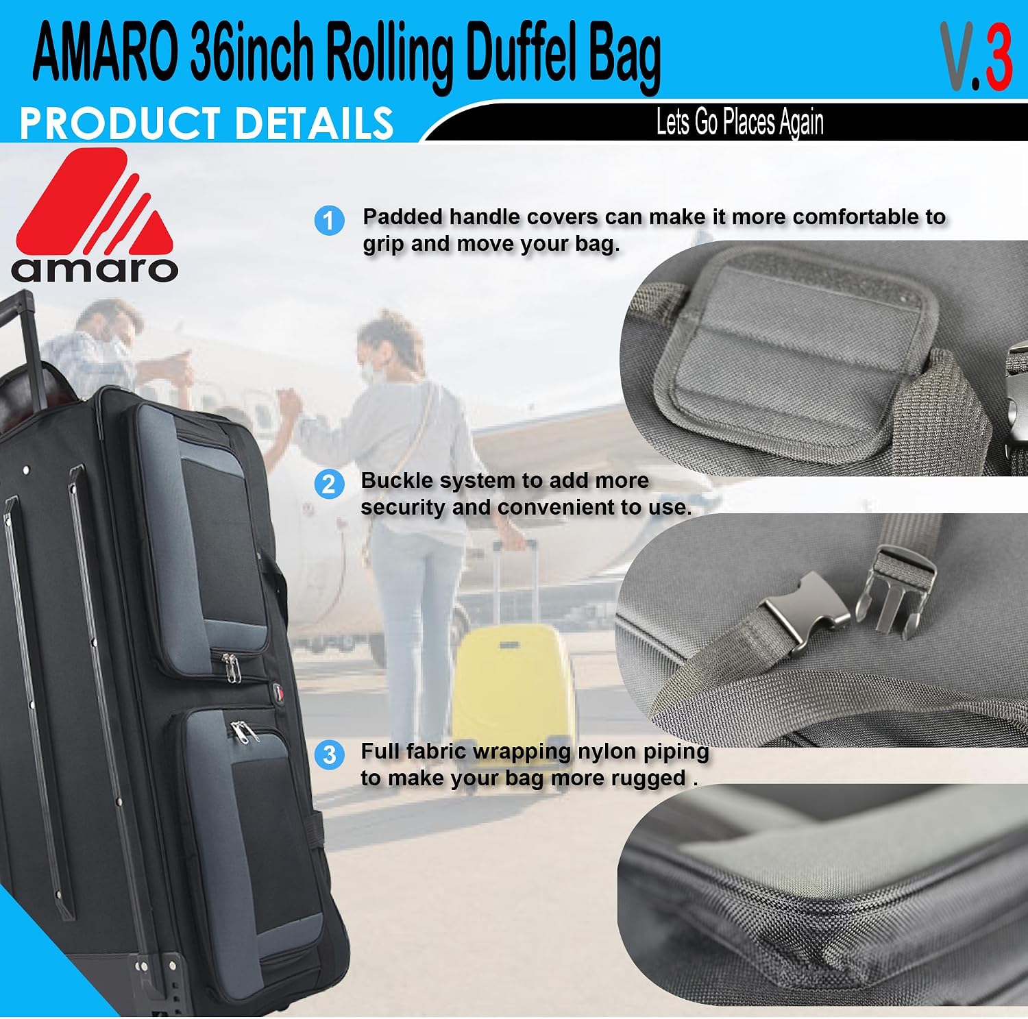 AMARO 36 Inch Rolling Duffle Bag with Wheels, Extra Large Heavy Duty Travel Duffel Luggage with Telescopic Handle, Multiple Pockets, Collapsible Storage, Black/Grey
