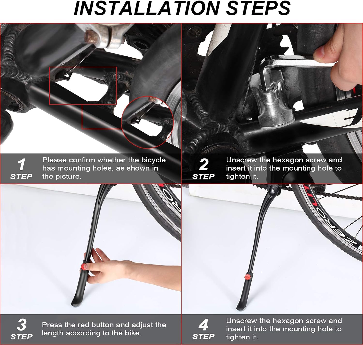 Boao Cycling Side Kickstand Adjustable Bicycle Support Stand Aluminum Alloy Bike Support Stand with 8 mm Hexagon Wrench for 24, 26