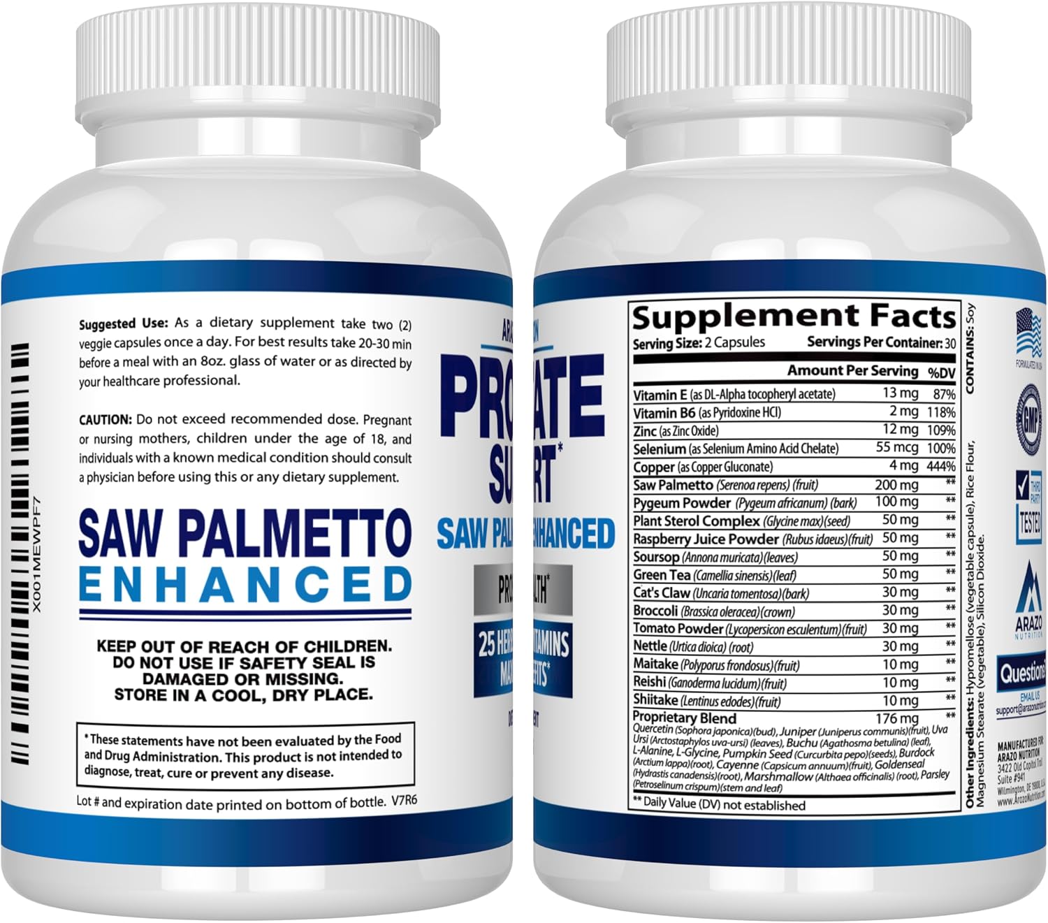 Arazo Nutrition Prostate Supplement - Saw Palmetto + 25 Herbs - Reduce Frequent Urination, Reduce Hair Loss