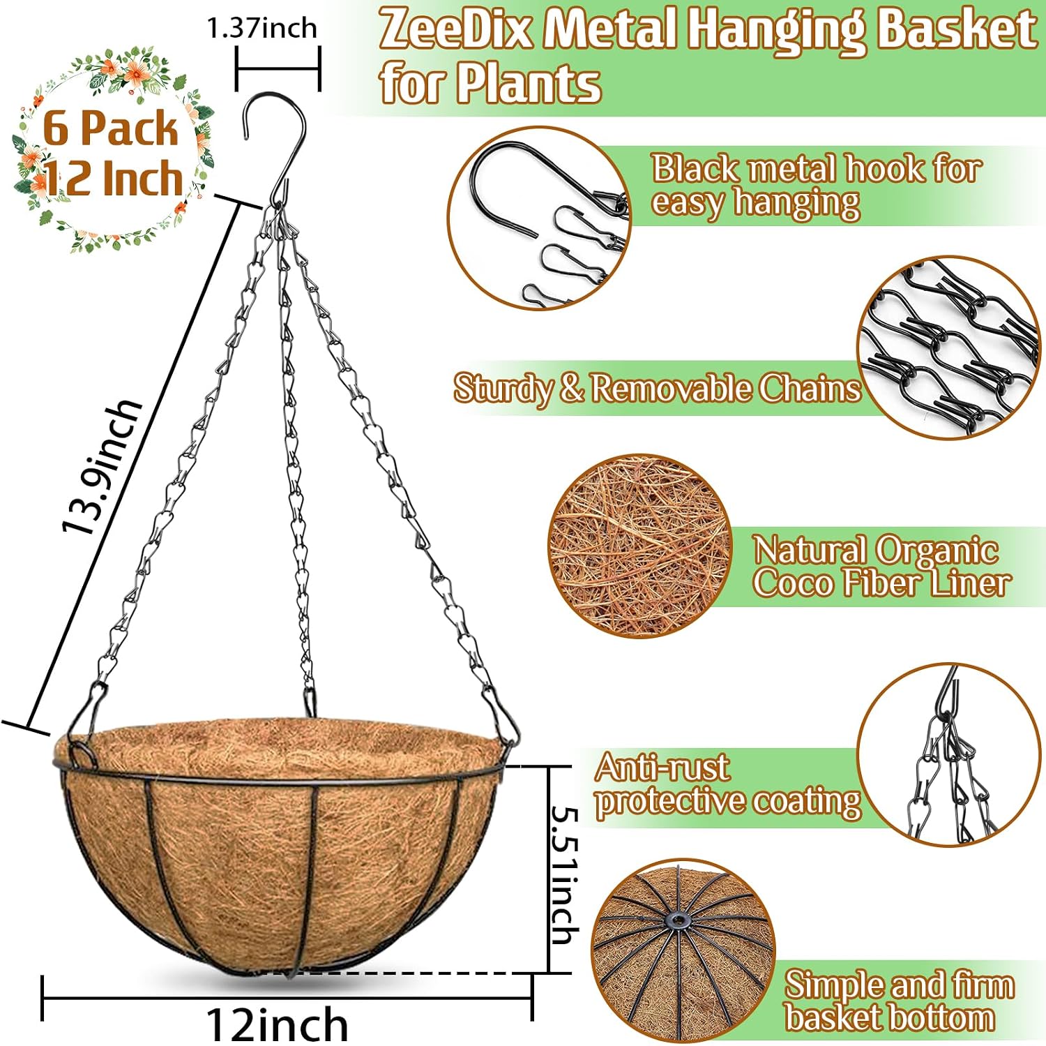ZeeDix 3 Pack 10 Inch Metal Hanging Baskets