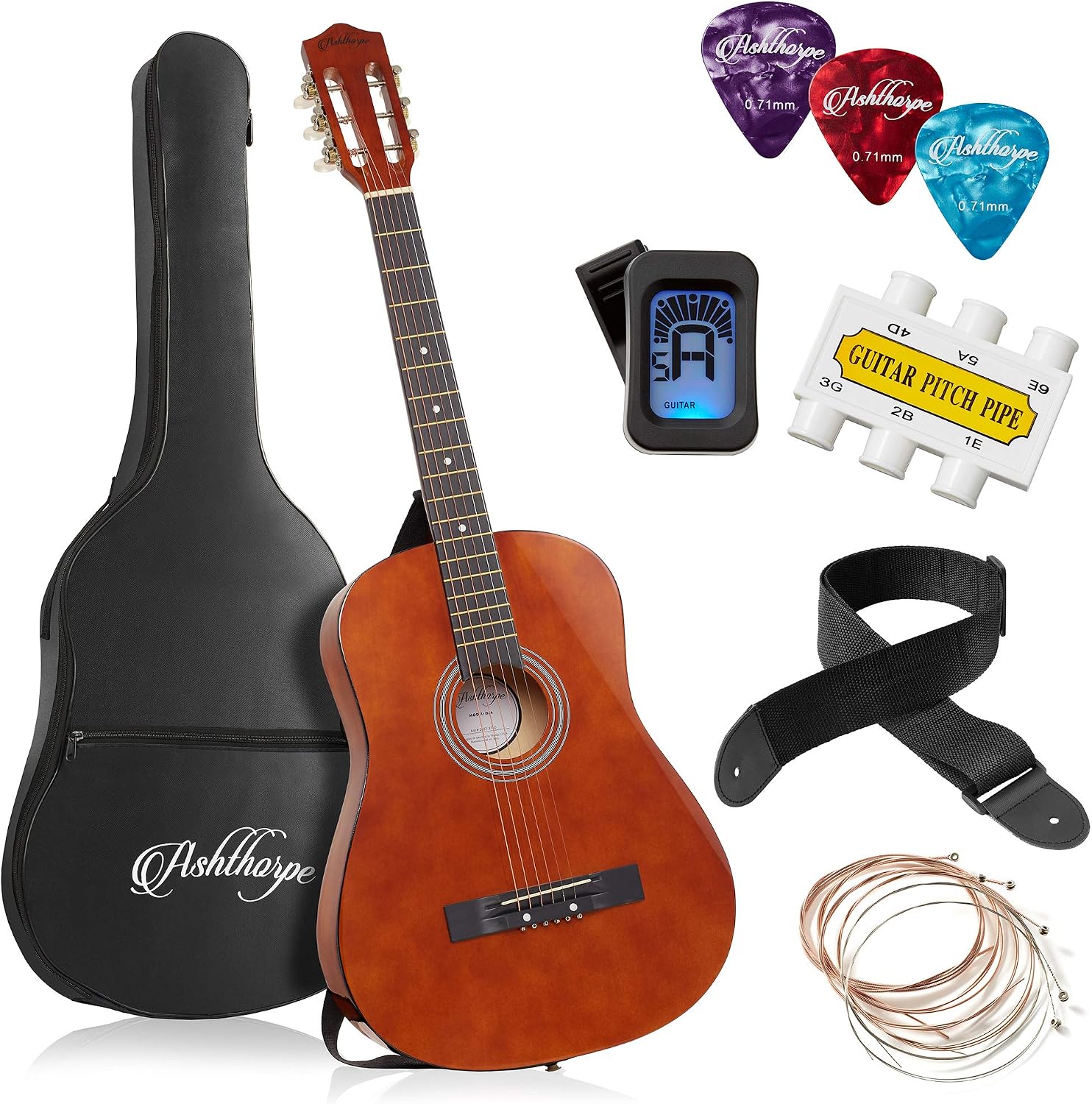 Ashthorpe 38-inch Beginner Acoustic Guitar (Red), Starter Kit with Gig Bag, Extra Strings, Strap, Picks, and Lessons