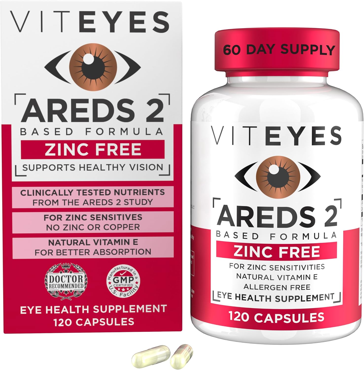 Viteyes AREDS 2 Zinc Free Macular Support, Natural Allergen Free Capsules with Vitamin E, Vitamin C, Lutein & Zeaxanthin, No Zinc, No Copper, Eye Doctor Trusted, Manufactured in the USA, 180 Ct
