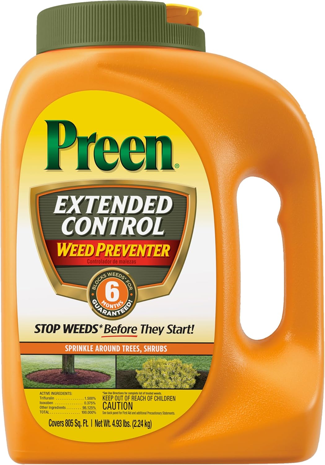 Preen Extended Control Weed Preventer - 4.93 lb. Bottle - Covers 805 sq. ft. | PreEmergent Herbicide for Garden Weed Control –Prevents Weeds up to 6 Months – For Perennials and Shrubs