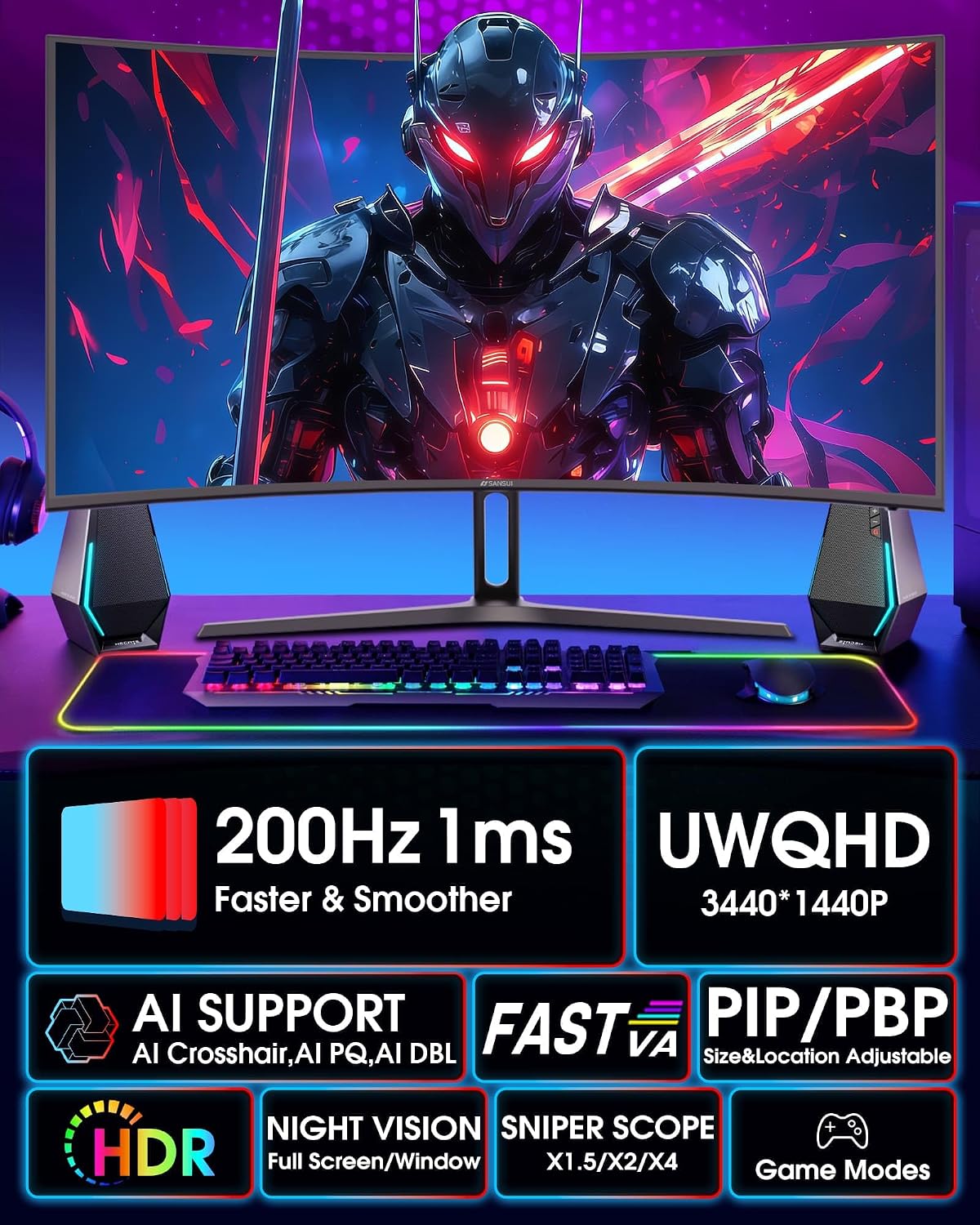 SANSUI 32 Inch Curved 240Hz Gaming Monitor High Refresh Rate, FHD 1080P | Gaming PC Monitor HDMI DP1.4, 1500R Curvature, 1Ms MPRT, HDR,Metal Stand,VESA Compatible(DP Cable Incl.)
