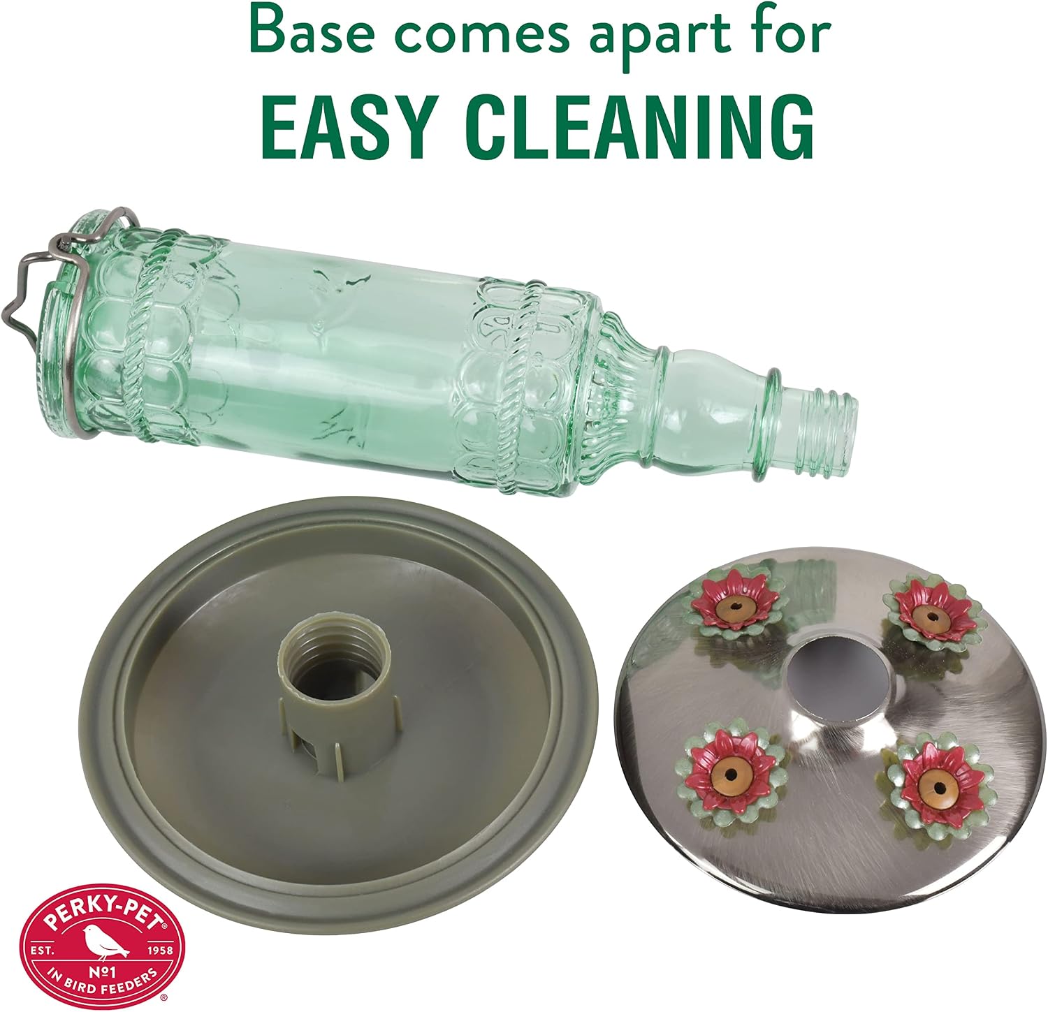 Perky-Pet Antique Glass Bottle Hummingbird Feeder, 10 oz Capacity, Green | 4 Feeding Ports for Outdoors Hanging Bird Feeders, Backyard Garden Décor