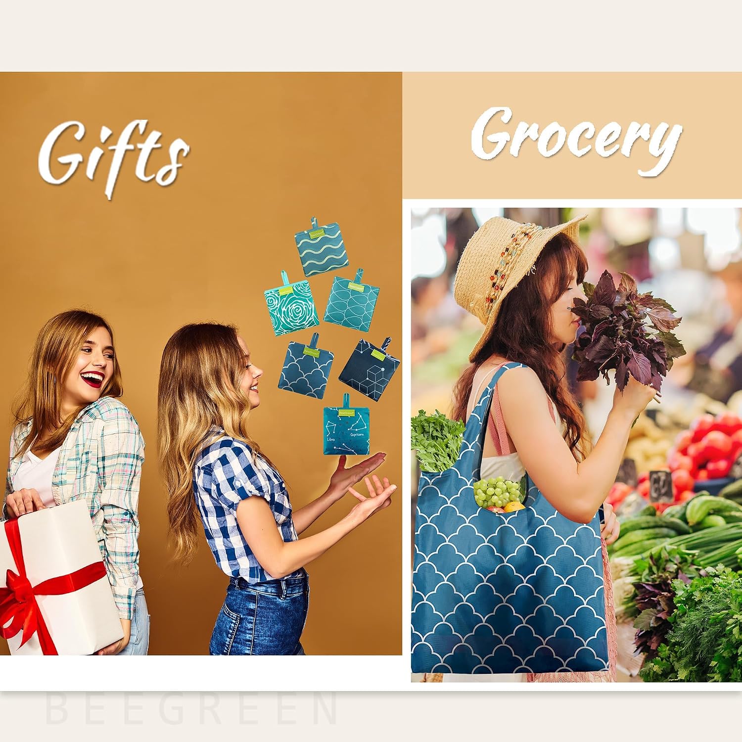 BeeGreen Grocery Bags | Reusable Gift Bags, Large Tote for Women & Foldable Beach Bag - 6 Pack Reusable Bag With Handles | Collapsible Cute Cloth Storage for Market, Holiday & Shopping | Washable​