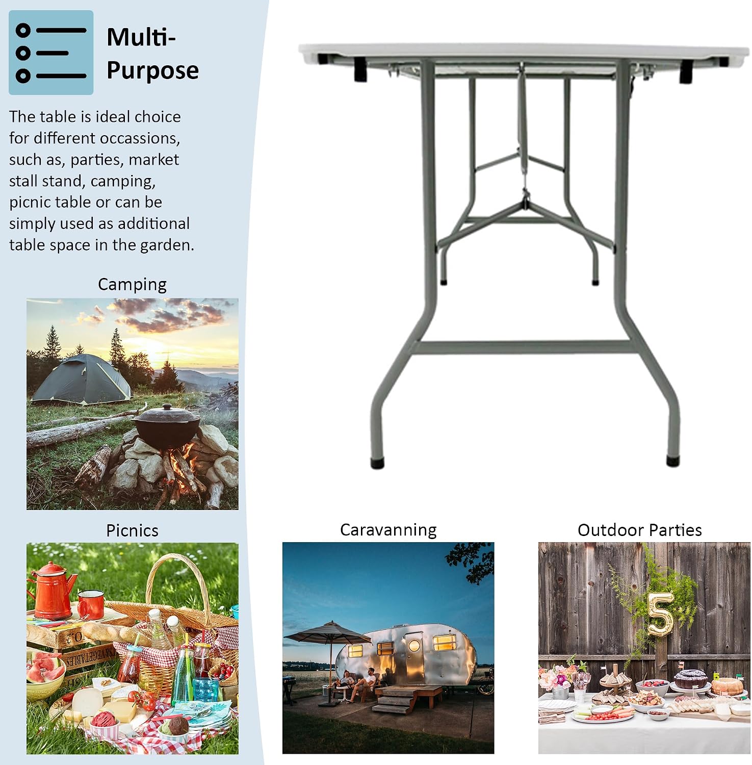 Home Vida Heavy Duty Trestle Picnic Folding Table Silver, 5 feet