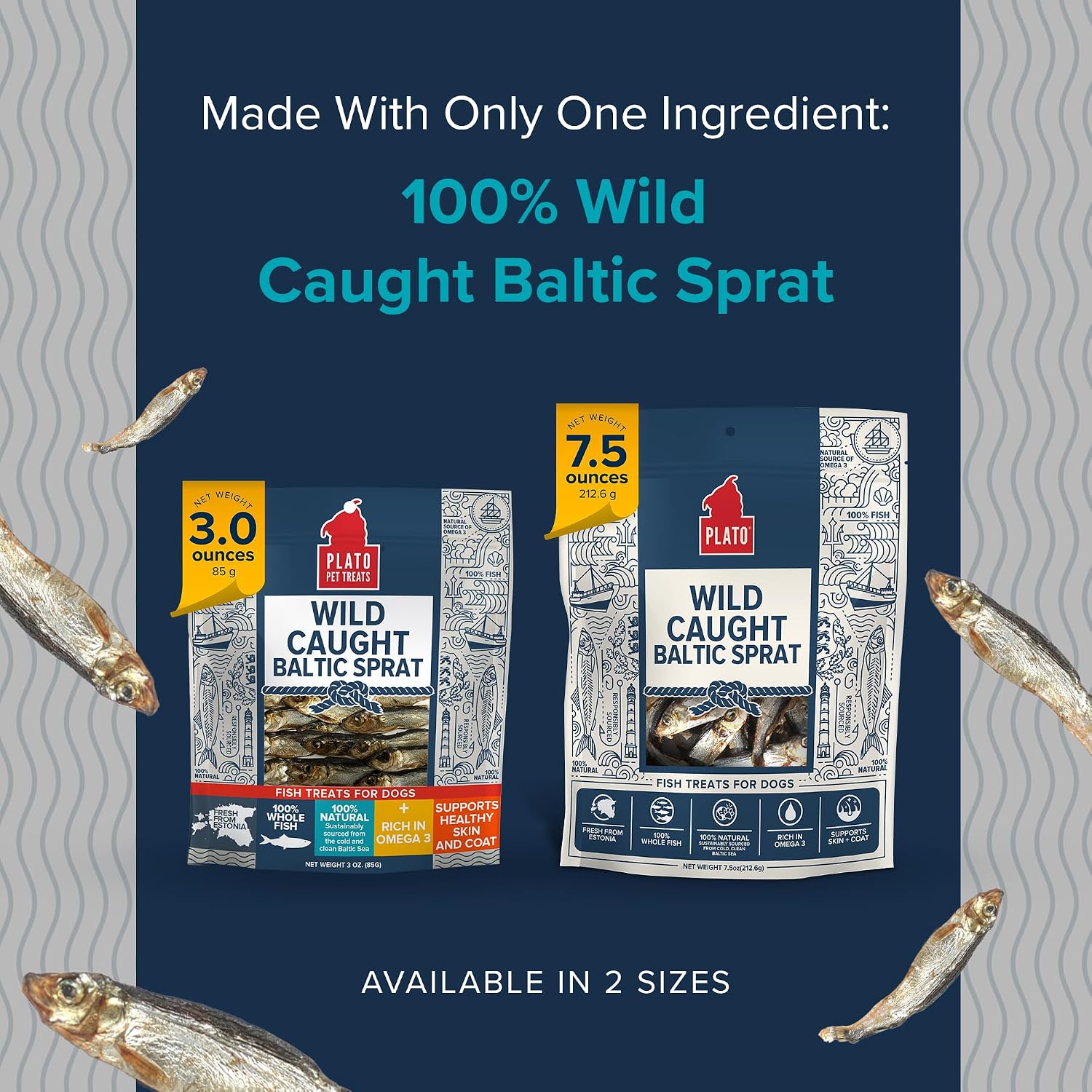 PLATO Single Ingredient Wild-Caught Baltic Sprat Dog Treats, Air-Dried Whole Fish, Omega-Rich Skin & Coat Support, 3 oz
