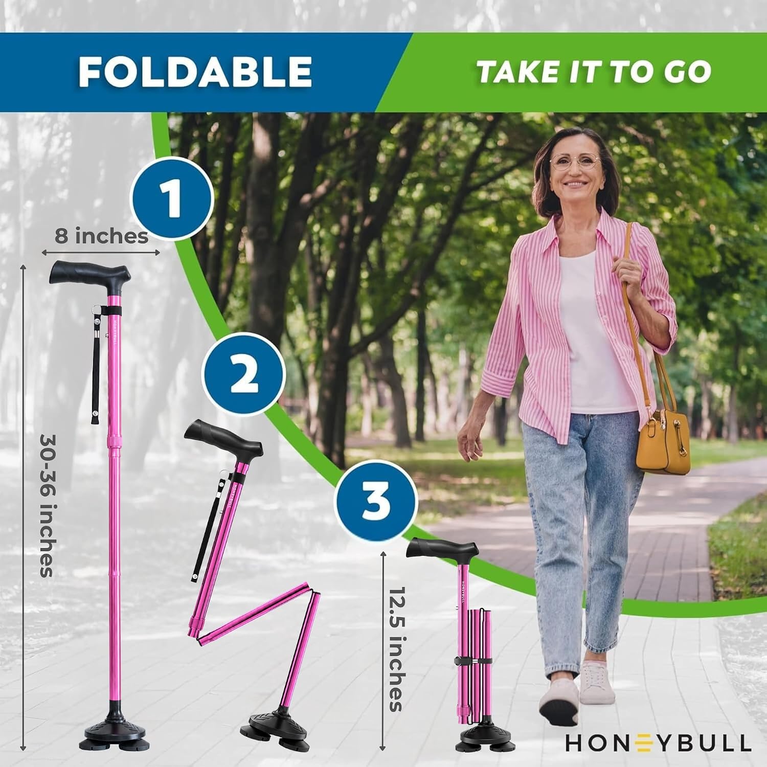 HONEYBULL Walking Cane for Men & Women, Foldable Free Standing Cane | Adjustable height, collapsible design, heavy-duty, pivot base for stable support, ergonomic handle