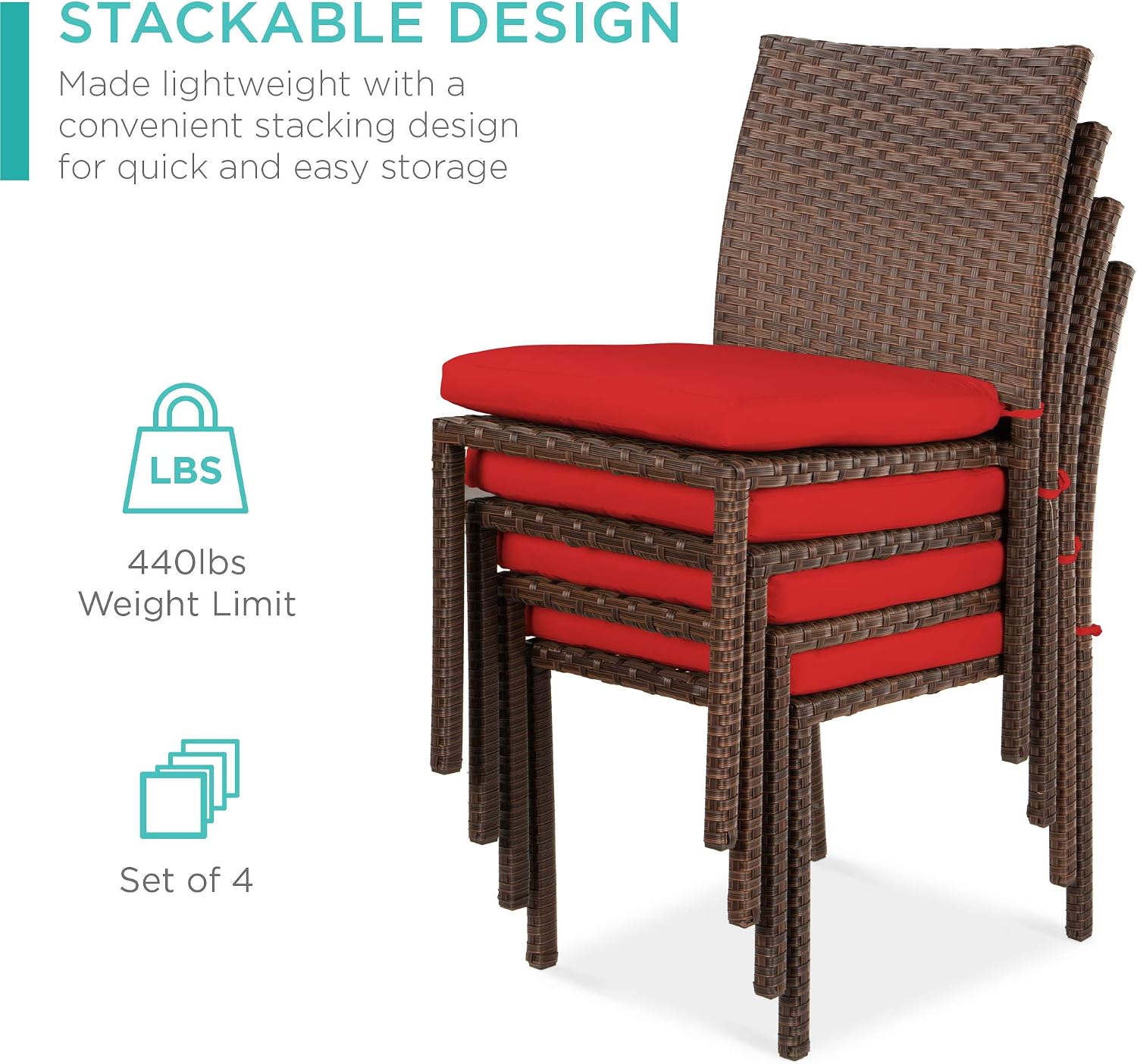 Best Choice Products Set of 4 Stackable Outdoor Patio Wicker Chairs w/Cushions, UV-Resistant Finish, and Steel Frame - Brown/Red