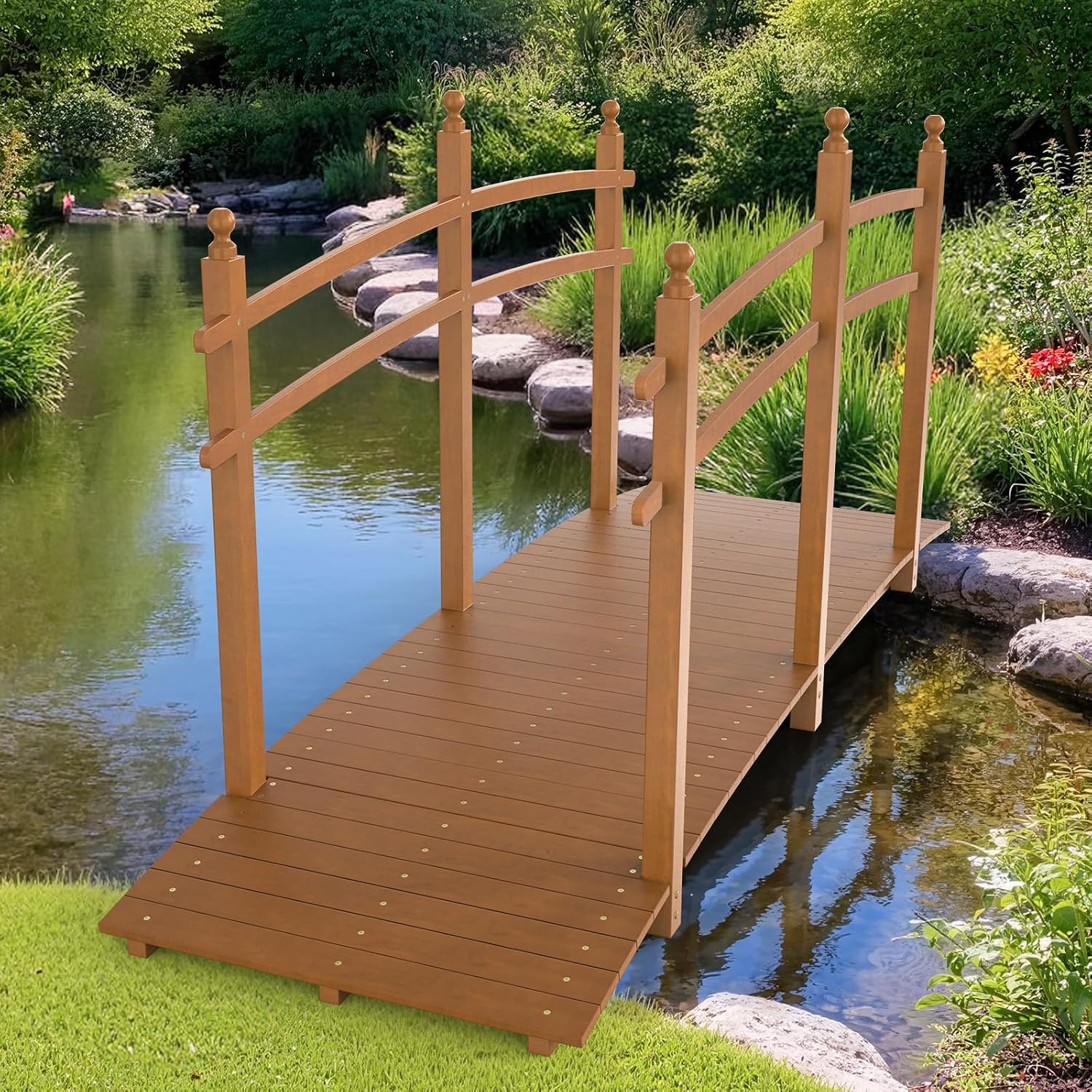 VINGLI 5 ft Garden Bridge, Classic Wooden Arch with Safety Rails Stained Finished Footbridge, Decorative Pond Landscaping, Backyard, Creek or Farm