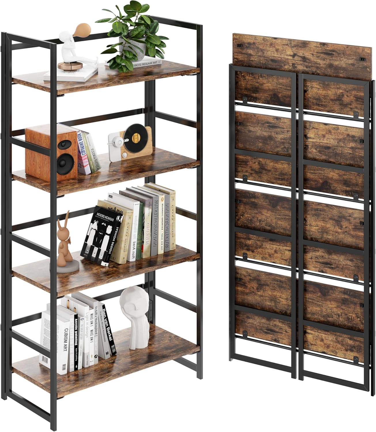 Vintage Multifunctional Folding Bookshelf, No-Assembly Plant Stand Storage Rack Shelves for Home Office (Fire, 5-Tier)
