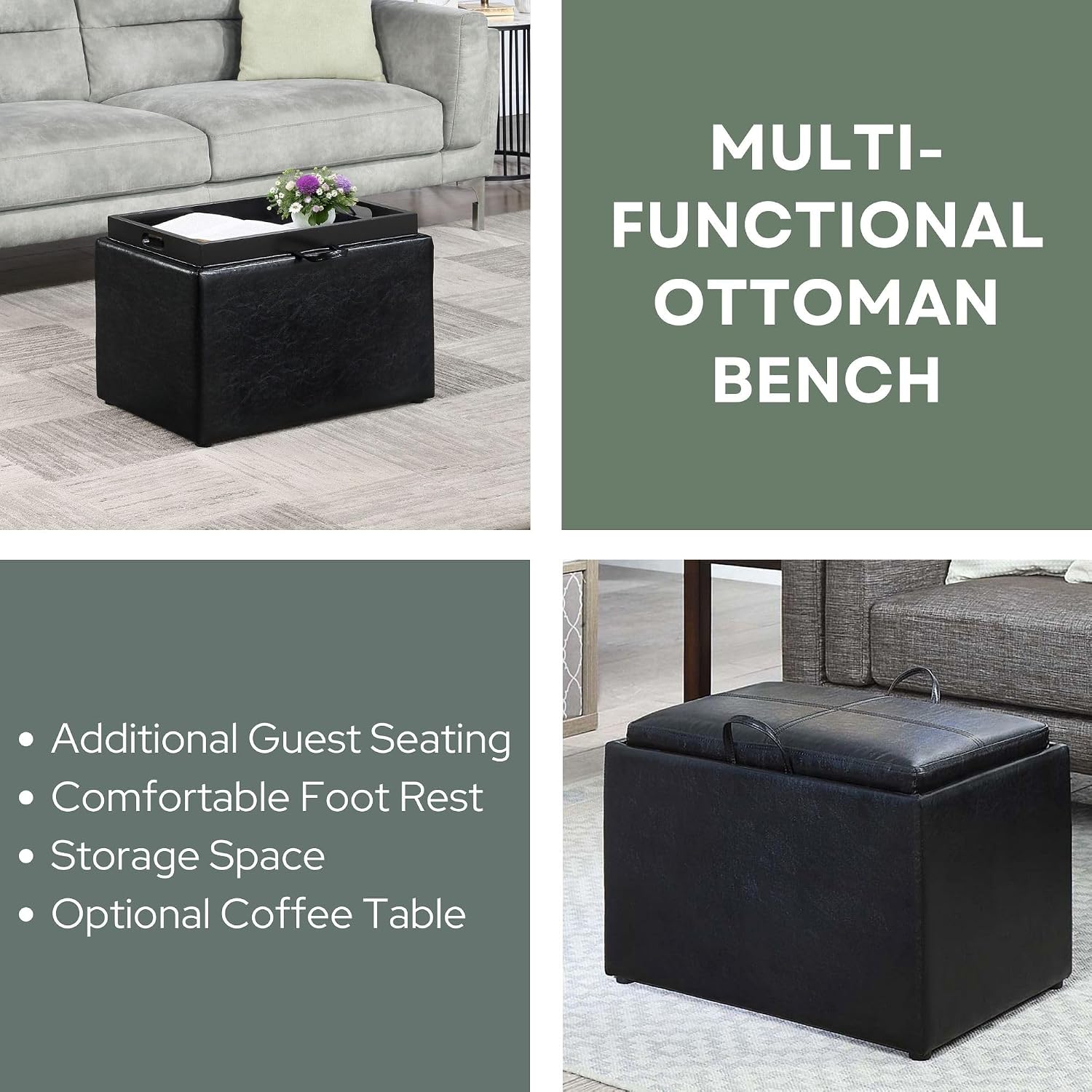 Convenience Concepts Designs4Comfort Accent Storage Ottoman 22.75" - Modern Foot Stool with Decorative Tray for Living Room, Dining Room, Office, Blue Faux Leather