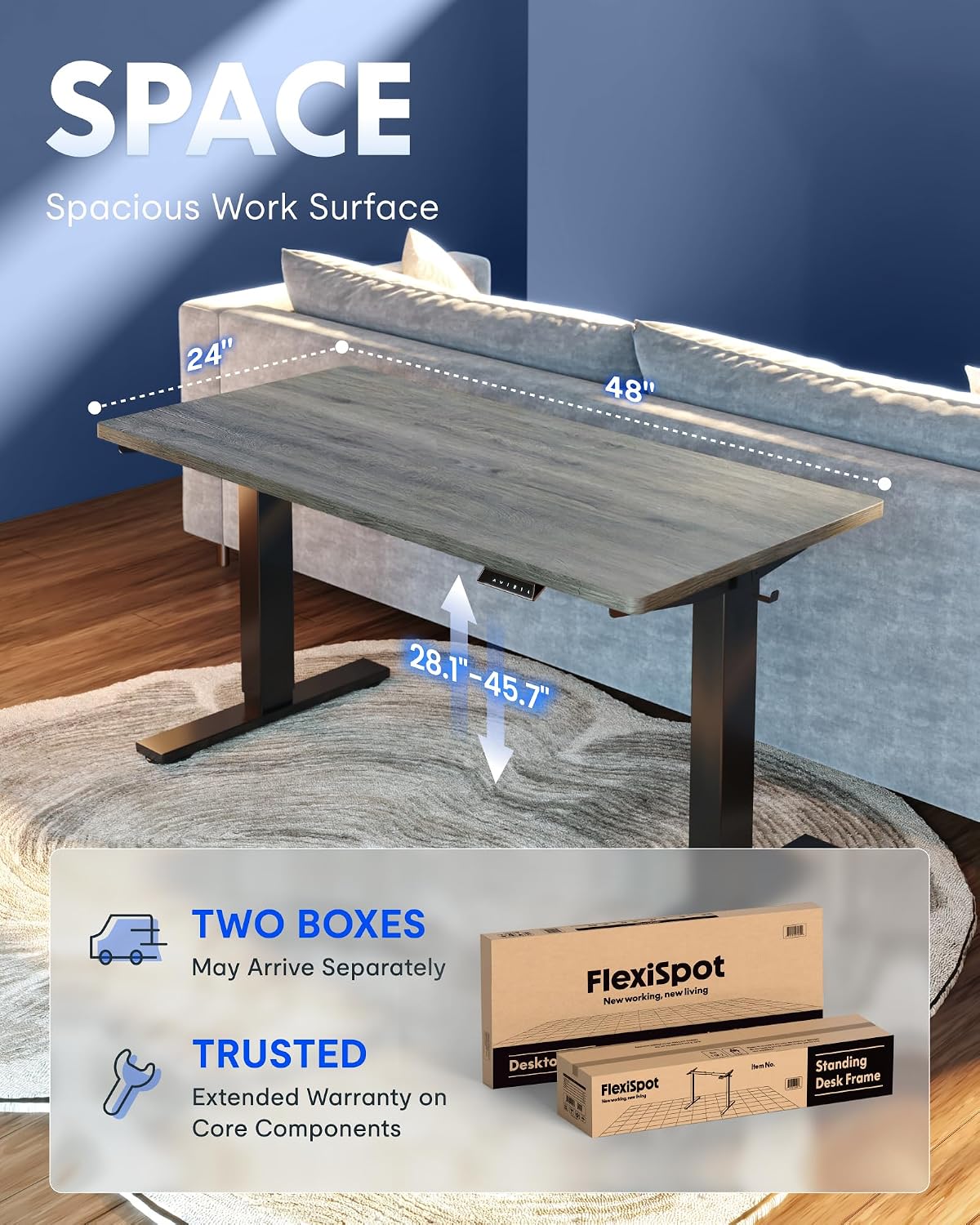 FLEXISPOT EN1 One-Piece Standing Desk, Electric Adjustable with 4 Memory Presets, 176 LBS Capacity, Stable & Quiet