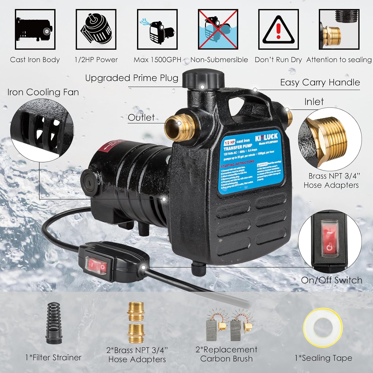 Water Transfer Garden Pump, 1.6 HP 1000GPH Portable Electric Shallow Well Jet Pump, Stainless Steel Sprinkler Pressure Booster Pump for Pool Draining, Lawn Fountain, Irrigation, Water Removal