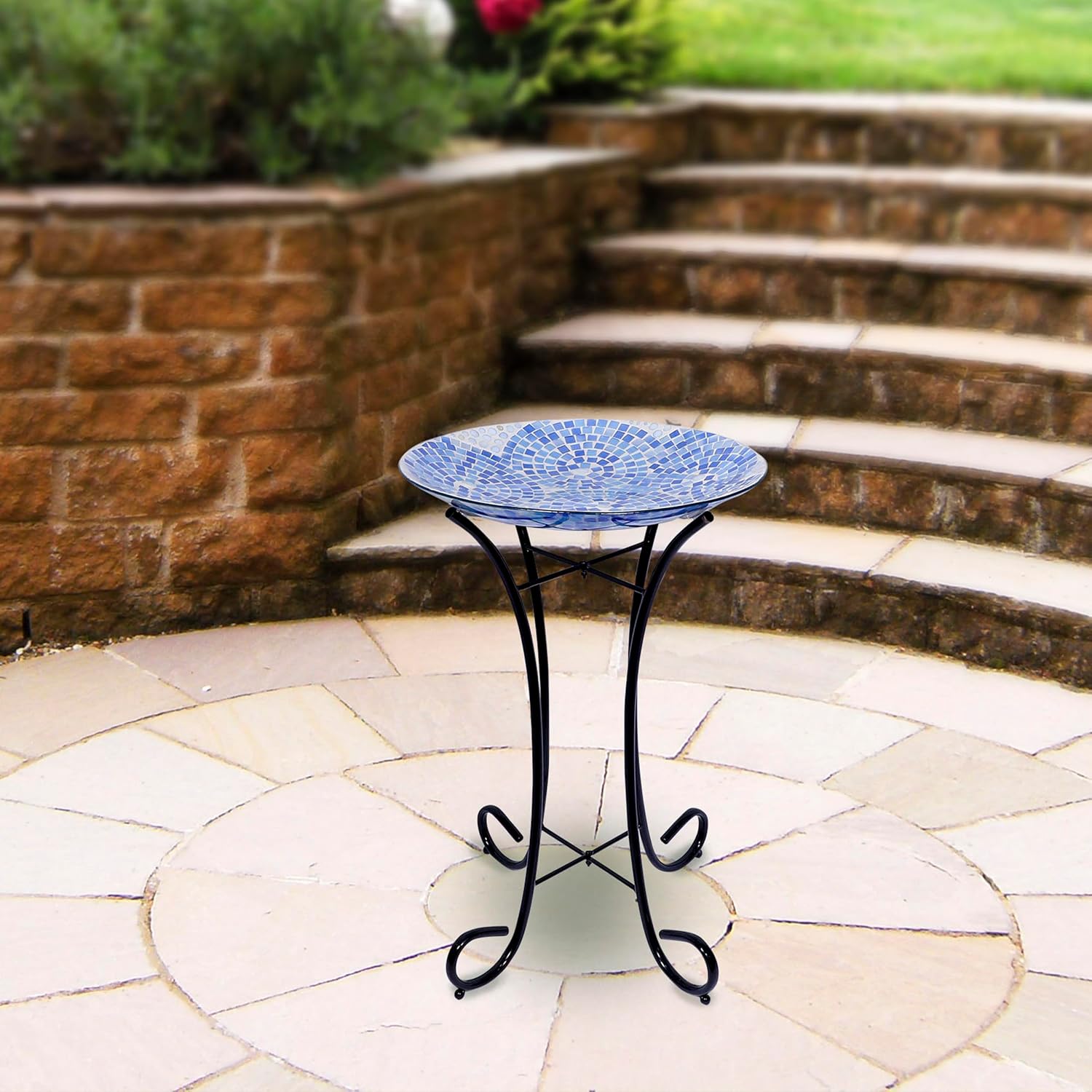 Alpine Corporation 24" Tall Outdoor Floral Mosaic Glass Birdbath with Metal Stand and Detachable 18 Inch Diameter Bowl, Garden Decor