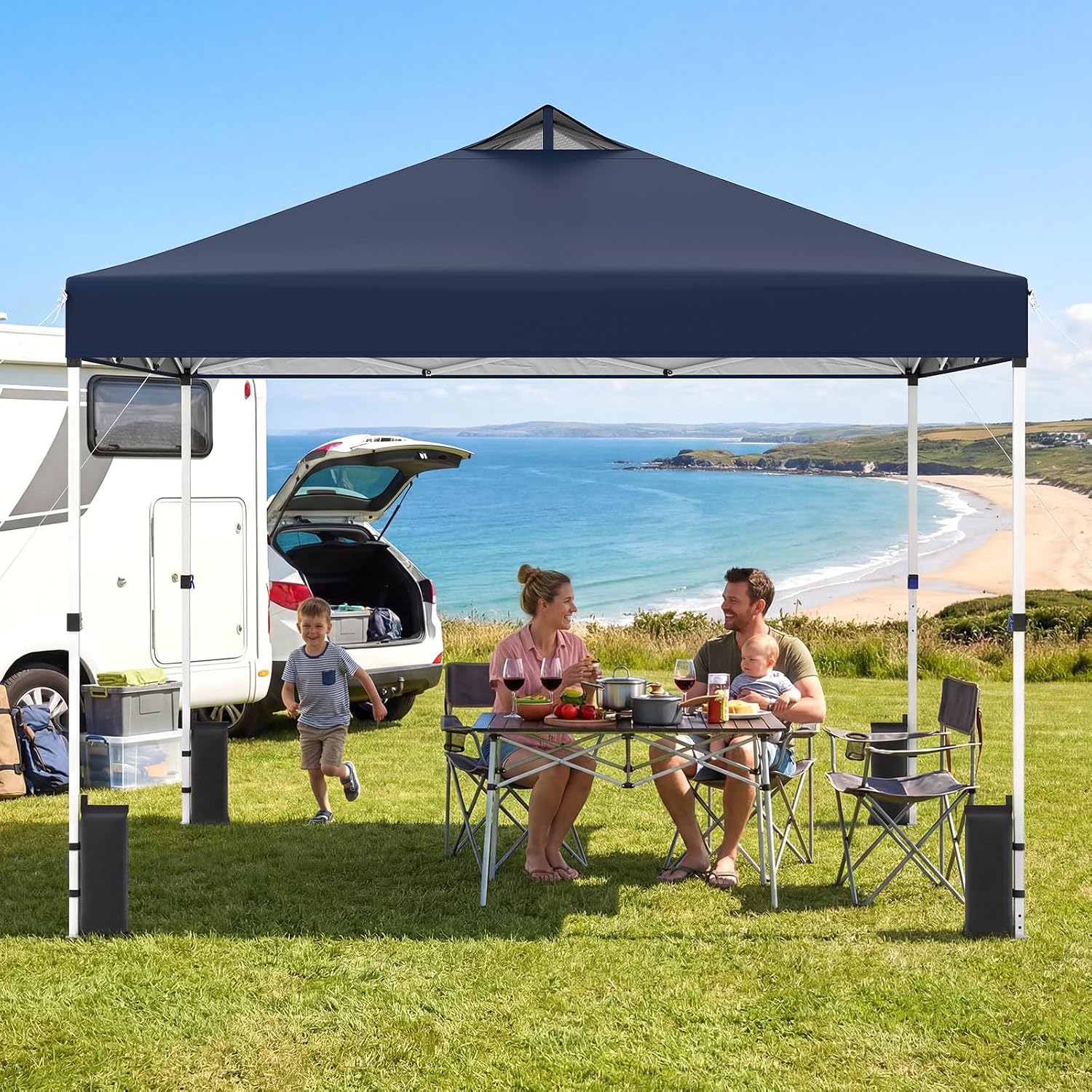 Tangkula 10 x10 Ft Pop Up Canopy with Center Lock, UPF 50+ One-Button Setup Outdoor Canopy Tent with Roller Bag, 4 Sand Bags, Heavy-Duty Steel Frame