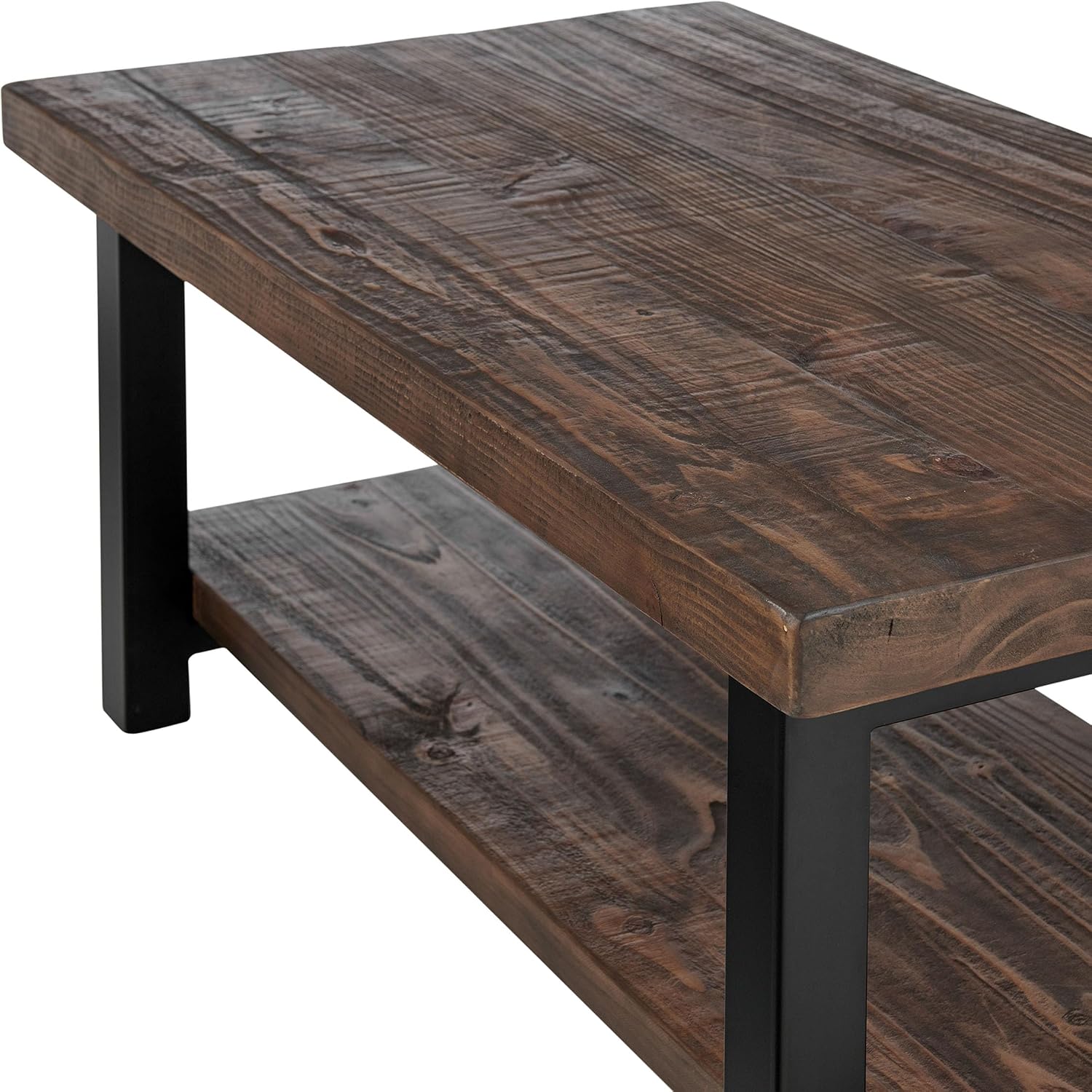 Alaterre Furniture Pomona Solid Wood 2-Tier End Table, Rustic Brown, 27” | Nightstand with Storage Shelf and Metal Legs, Industrial Farmhouse Chair Side Table for Living Room or Bedroom