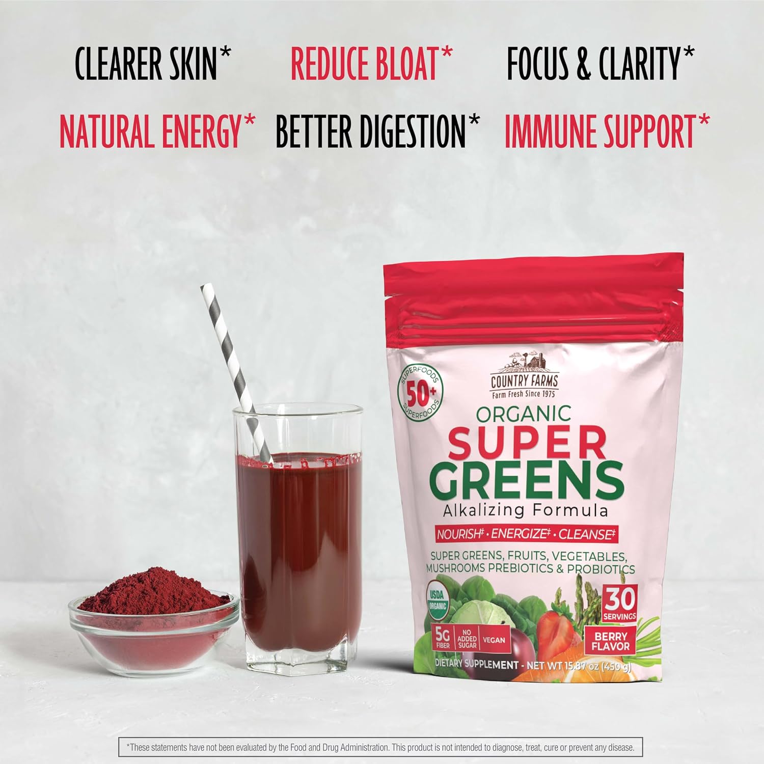 Country Farms Organic Super Greens Powder, Daily Greens Drink Mix with 50 Organic Superfoods, Fruits, Vegetables, Fiber, Mushrooms & Probiotics for Gut Health, Digestion & Energy, Berry Flavor