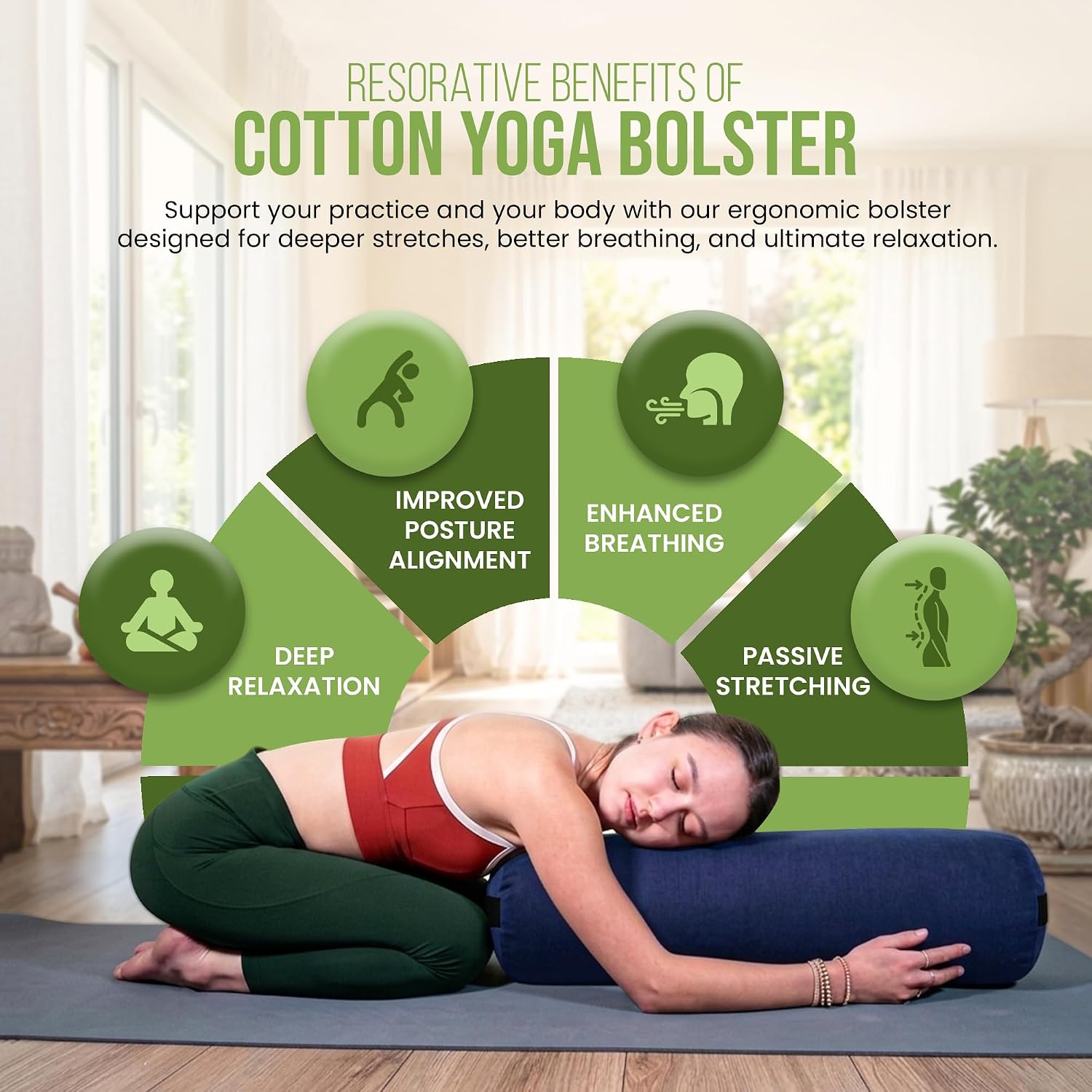 Bean Products Cotton Batting Yoga Bolster - Studio Grade Round or Rectangular Restorative Yoga Pillow for Pilates and Yin Practice - Soft Yet Firm Support with Cotton Cover - Made in The USA