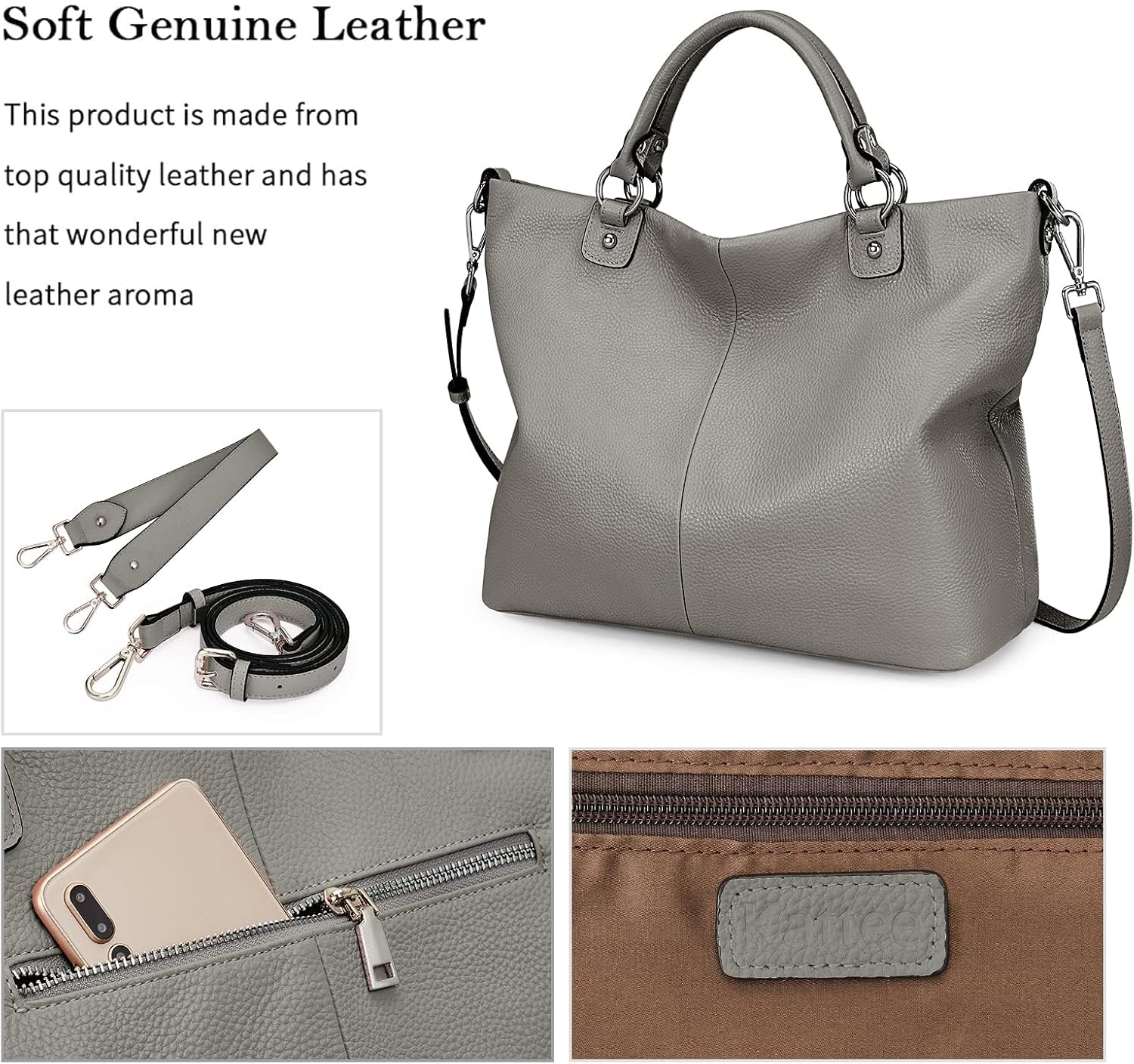 Kattee Genuine Leather Tote Purse for Women, Top Handle Satchel | Soft genuine leather tote with roomy storage and versatile carry for work, shopping, and travel.
