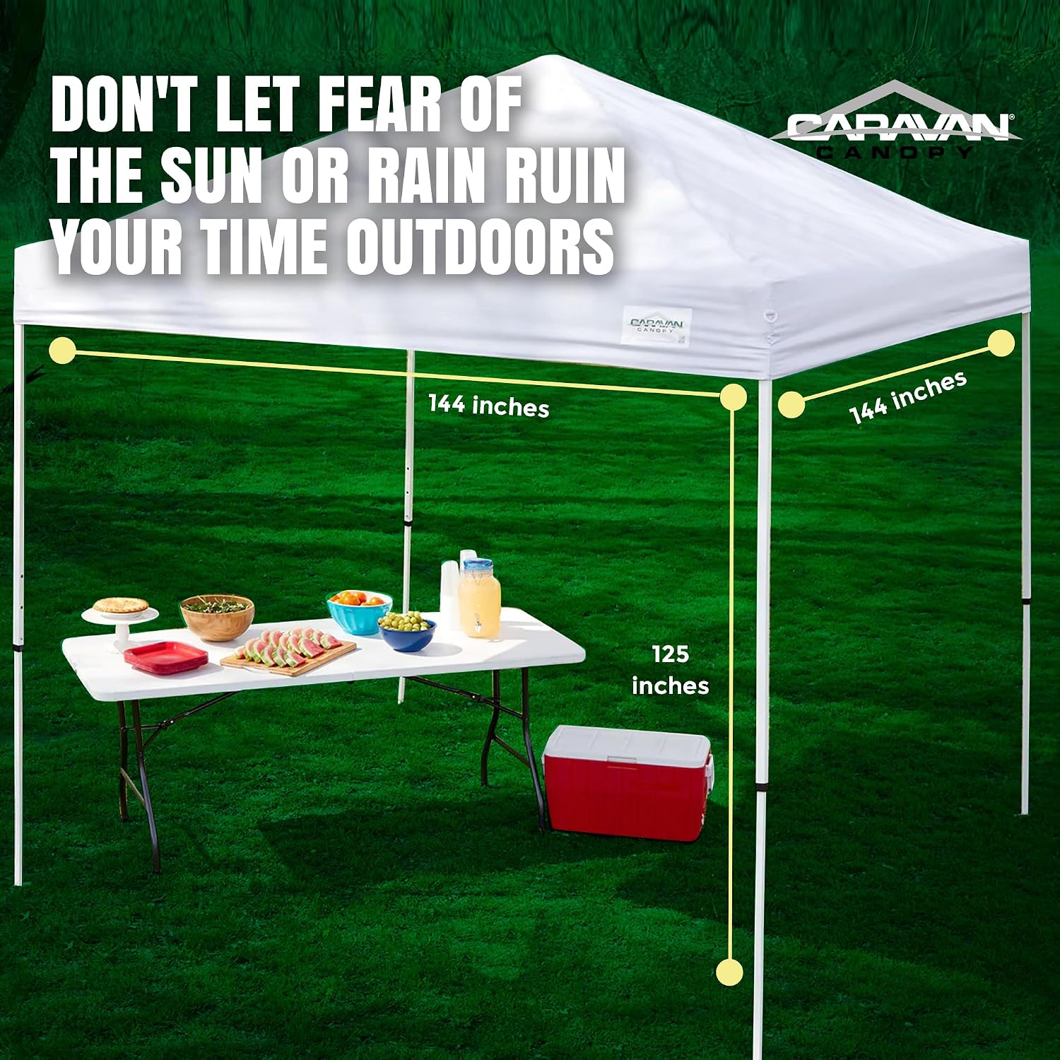 Caravan Canopy 12 by 12 Foot Polyester Straight Steel Leg Instant Pop Up Canopy Tent with Adjustable Height for Outdoor Events, Blue | 150D polyester top with 99 percent UV protection, 3 height settings to 9 ft, steel frame, roller bag and 4 stakes