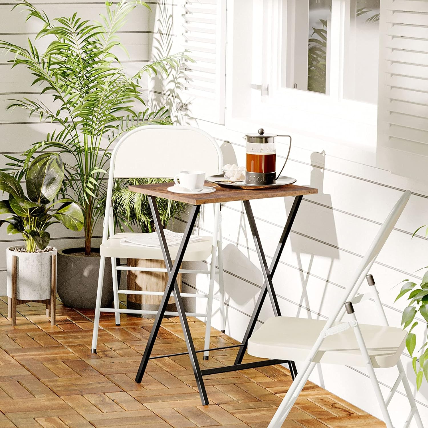 HOOBRO Folding TV Tray Tables, Set of 4 TV Trays with Storage Rack, Industrial Side Table for Eating at Couch, Foldable Snack Table for Small Space