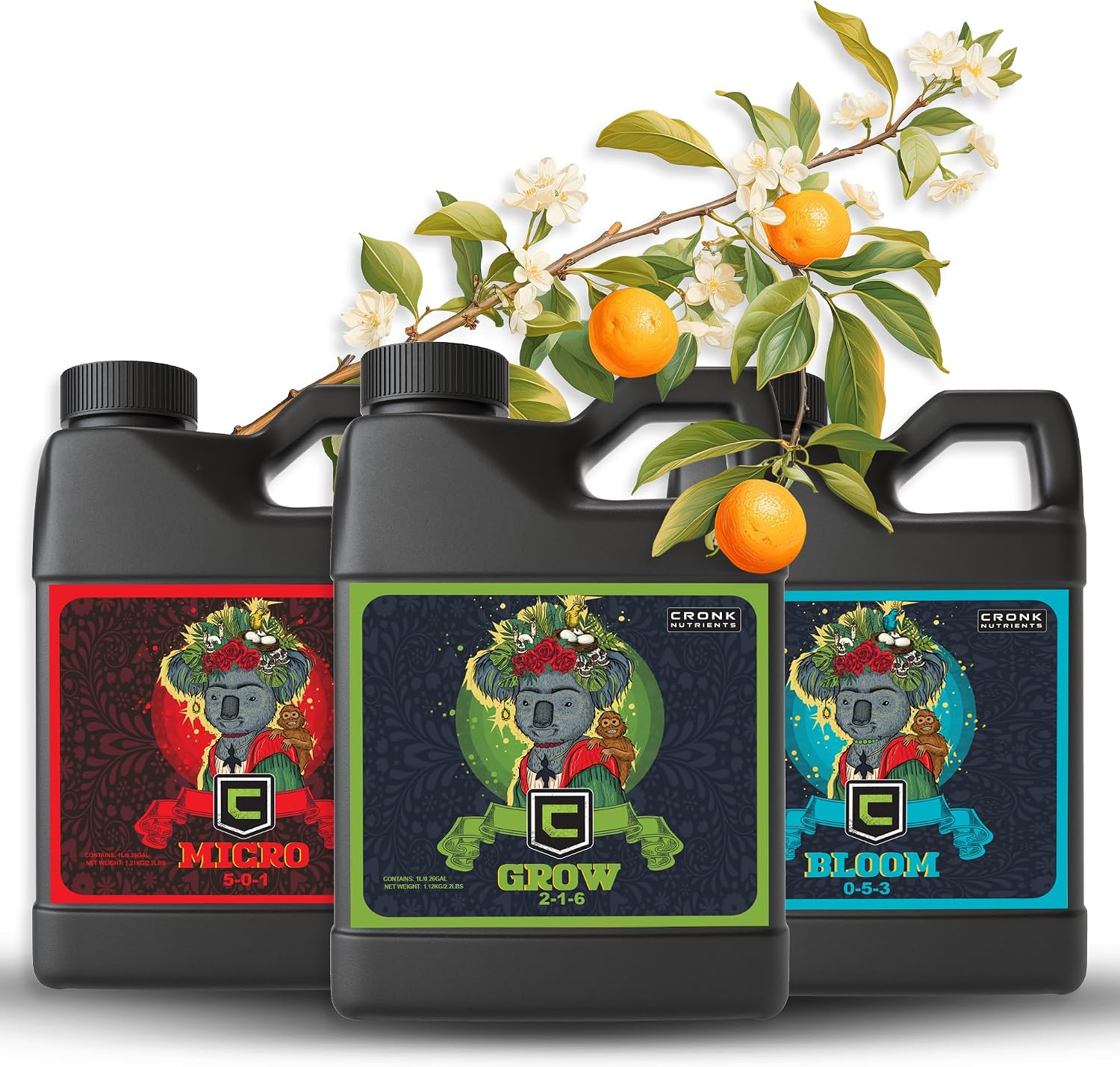 Cronk Nutrients 3-Part Kit: Micro, Grow & Bloom Base Fertilizers, 3 x 1L