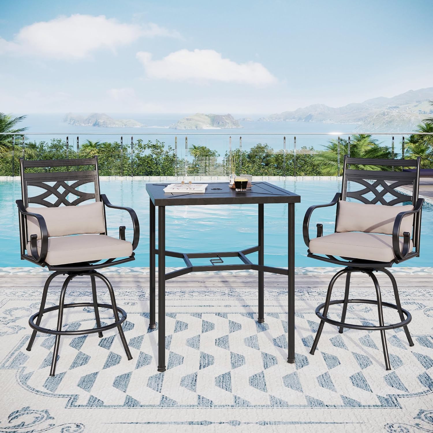 PHI VILLA Outdoor Bar Set 3 PCS Patio Bistro Table & Swivel Stools