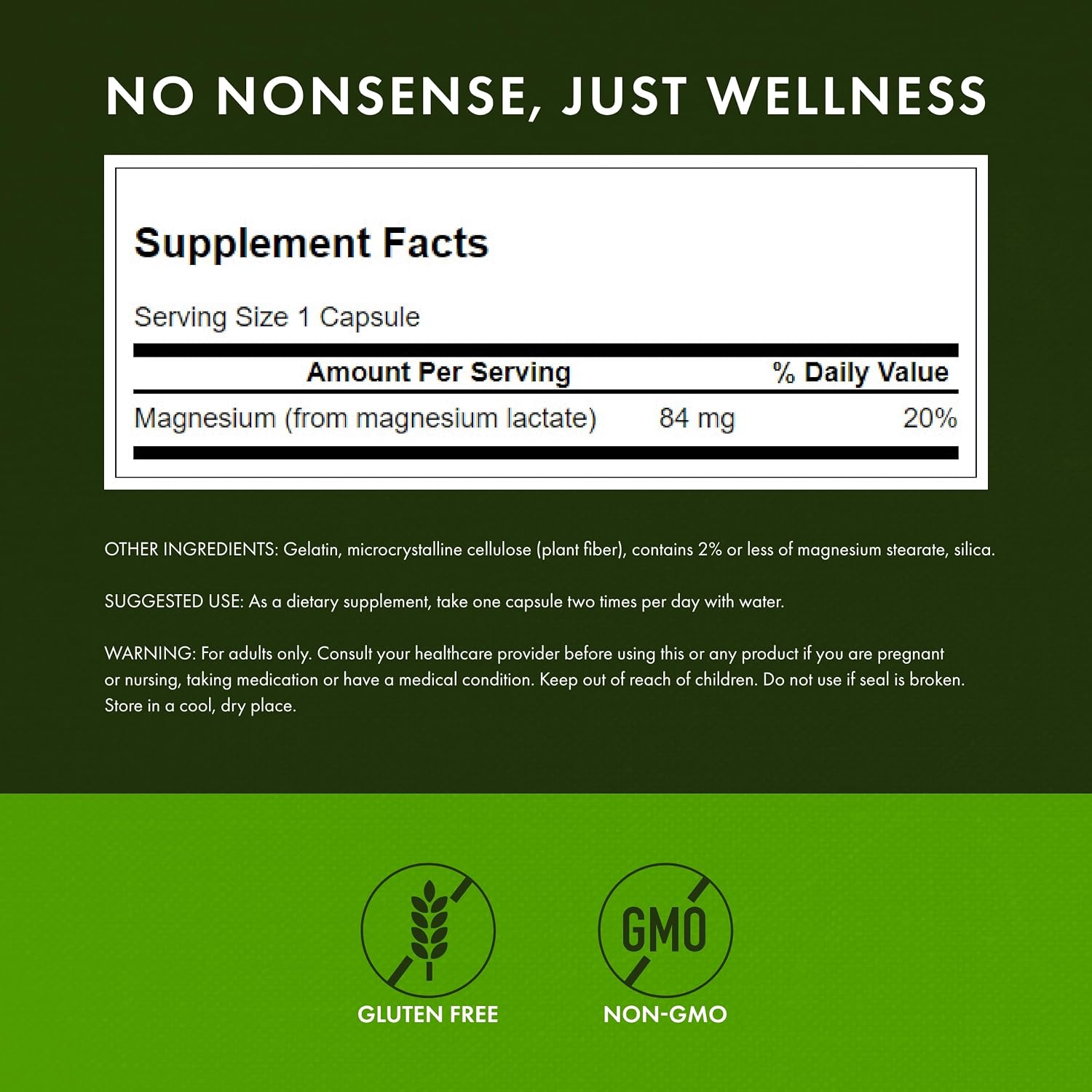 Swanson Magnesium Lactate Lactose-Free, 84 mg, 120 Capsules | Lactose-Free Mineral Supplement for Muscle and Bone Health Support, Gentle on the Stomach, Non-GMO and Gluten-Free