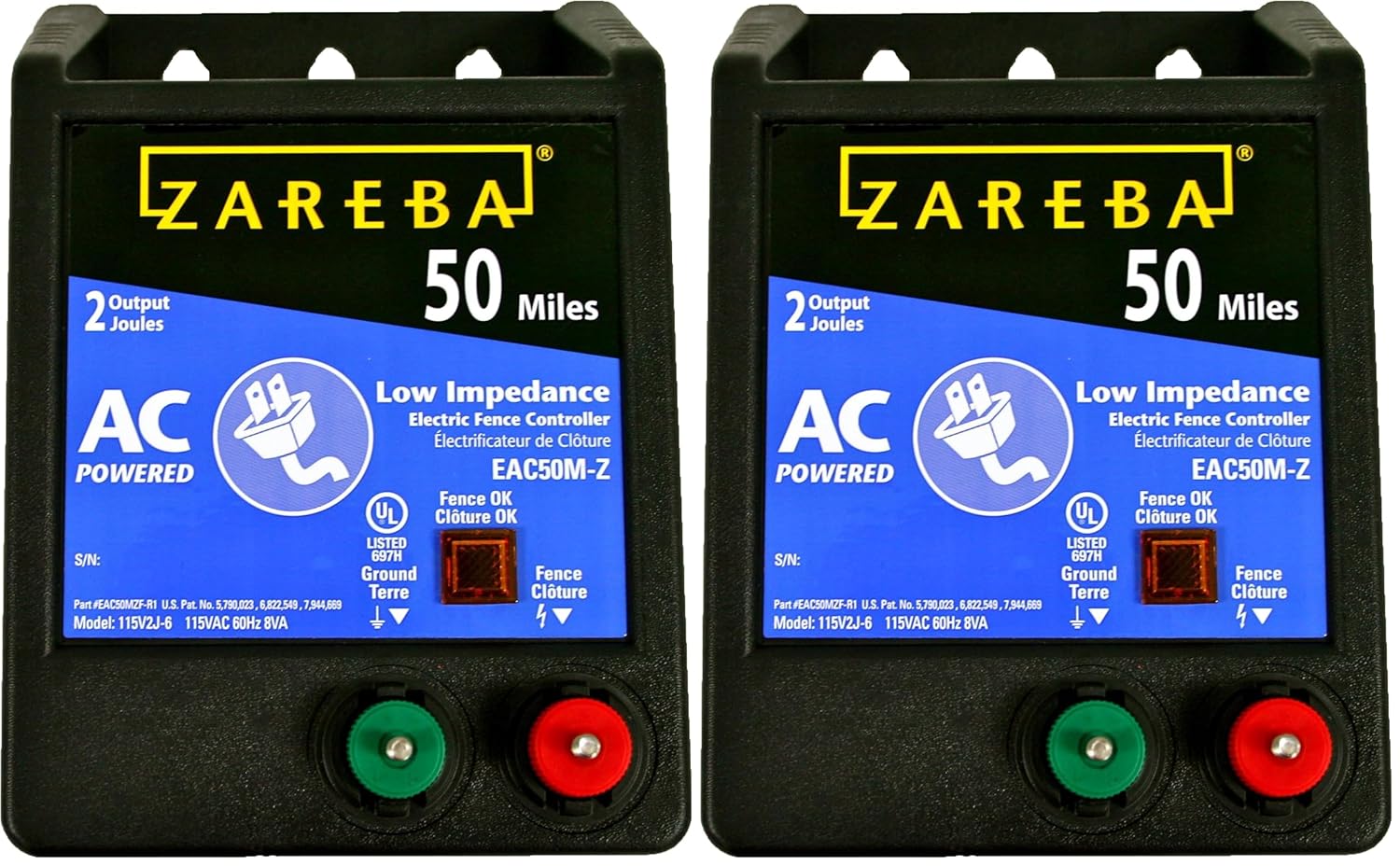 Zareba 50 Mile AC-Powered Low Impedance Electric Fence Charger | 2.0 Joule Output, Contain Cattle, Horses, Pigs, Goats, Use in Heavy Weed Conditions, Lightning Protection, EAC50M-Z