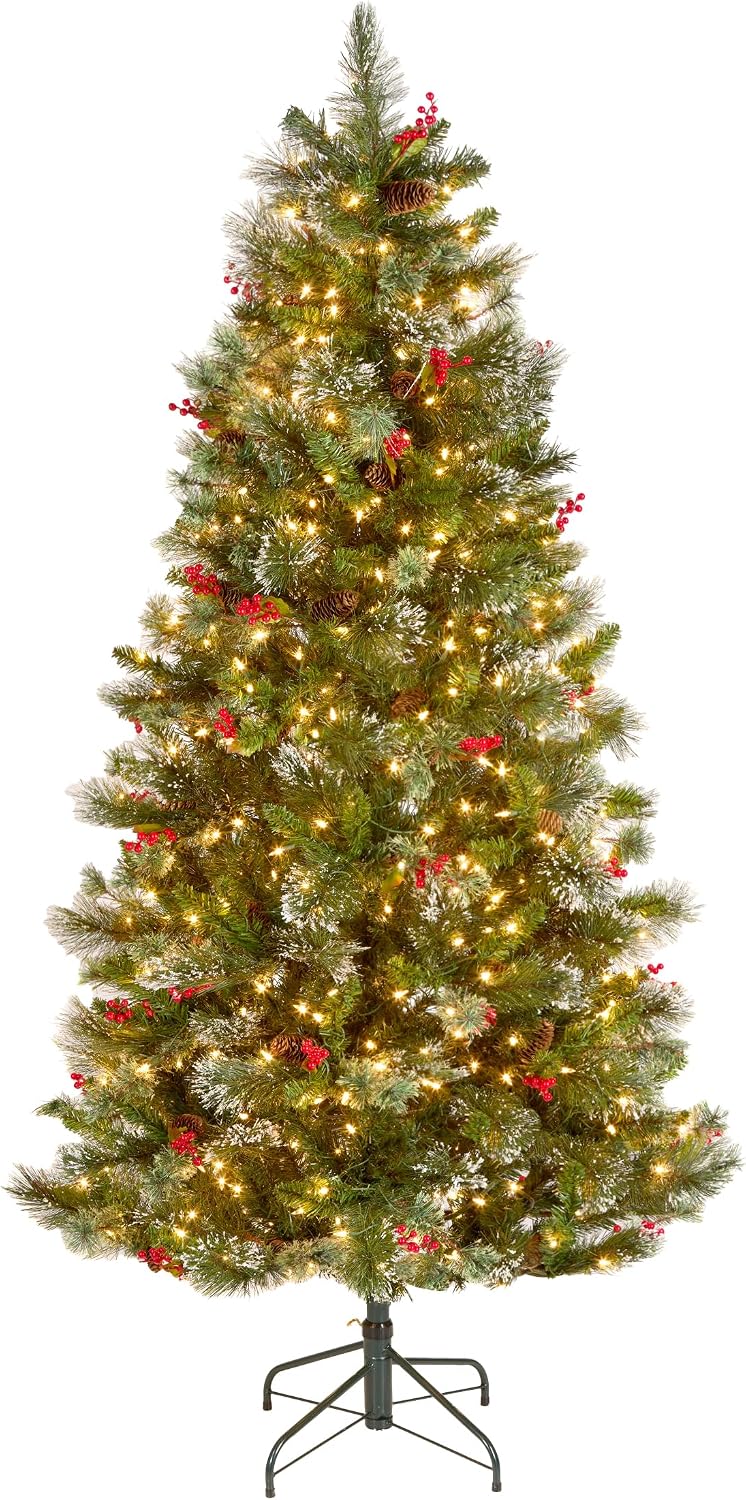 National Tree Company 7.5ft Pre-Lit Wintry Pine Medium Christmas Tree | 650 Clear Lights, 831 Tips, Flocked, Pinecones, Red Berries, Includes Stand, Green