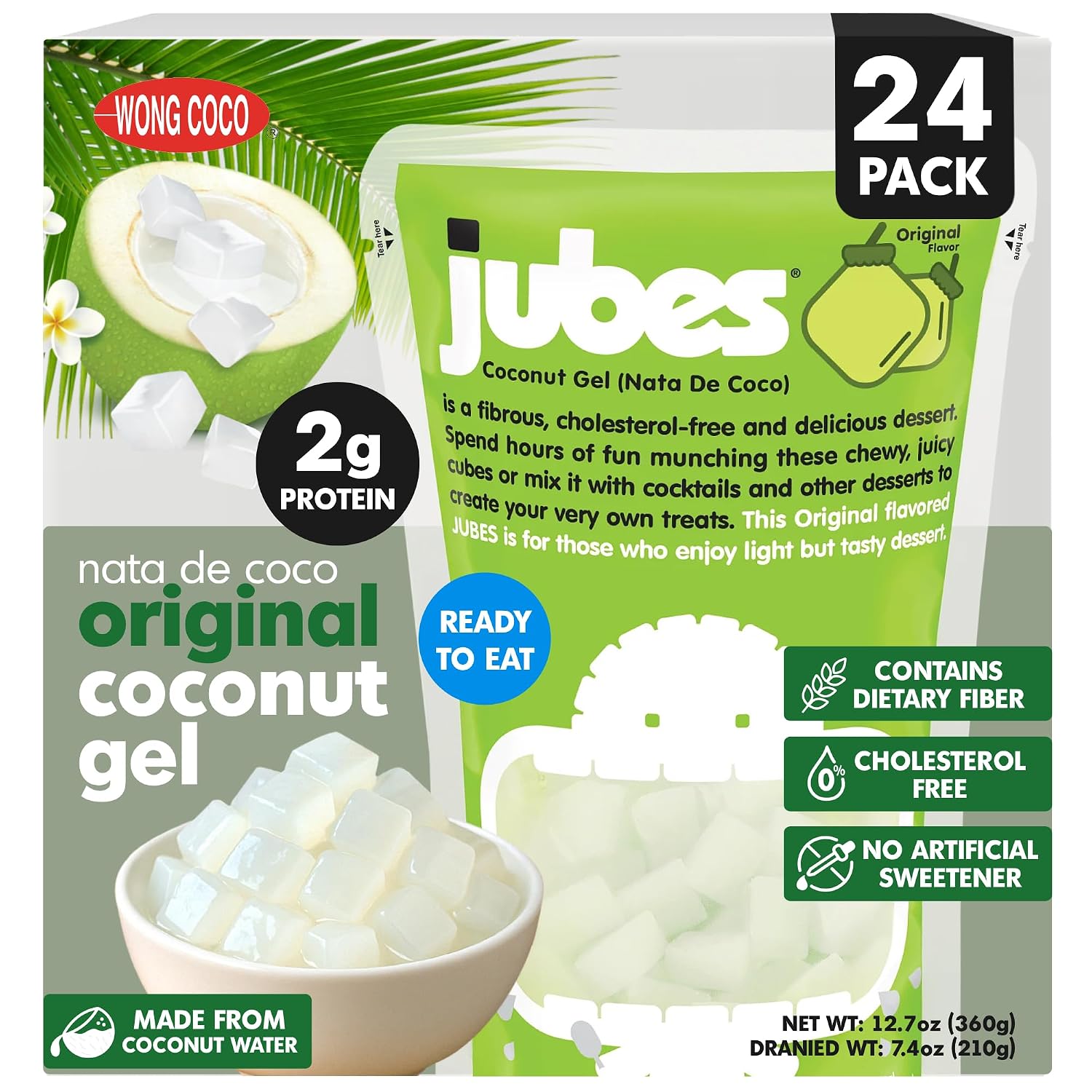 Jubes Pandan Nata De Coco Jelly Cubes (12.7 oz, Pack of 3) - Pandan Coconut Jelly Cubes for Sago - Coconut Gel in Syrup Toppings for Fruit Tea, Boba, Bubble Tea, Drinks, Desserts Yogurt, Ice Cream, Beverage