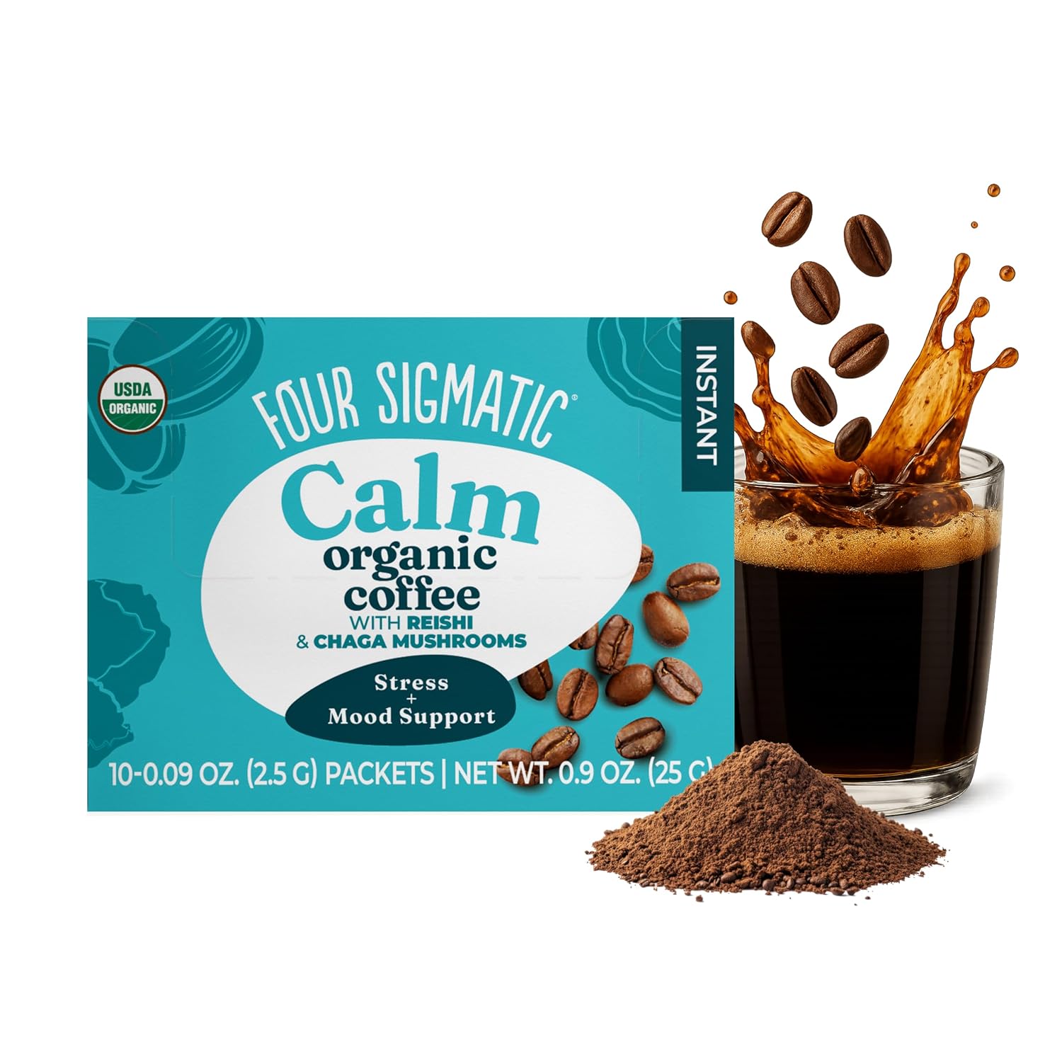 Four Sigmatic Organic Instant Coffee Powder | Mushroom Coffee Instant Mix with Cordyceps, Chaga and Eleuthero for Better Focus and Immune Support | 10 Packets